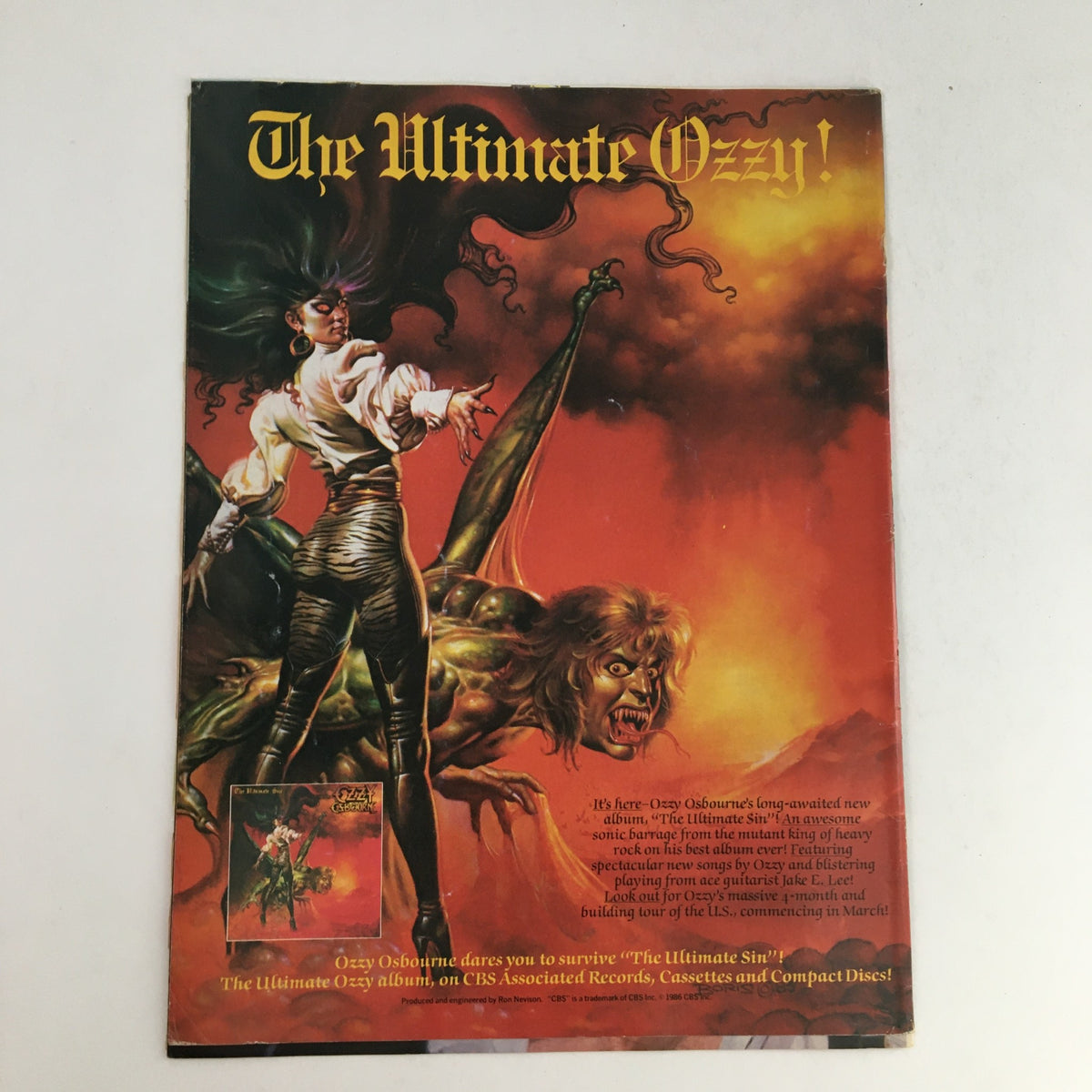 Promotional page from Hard Rock Video Magazine May 1986 #8 featuring 'The Ultimate Ozzy' album advertisement, depicting a dramatic illustration related to Ozzy Osbourne's music.