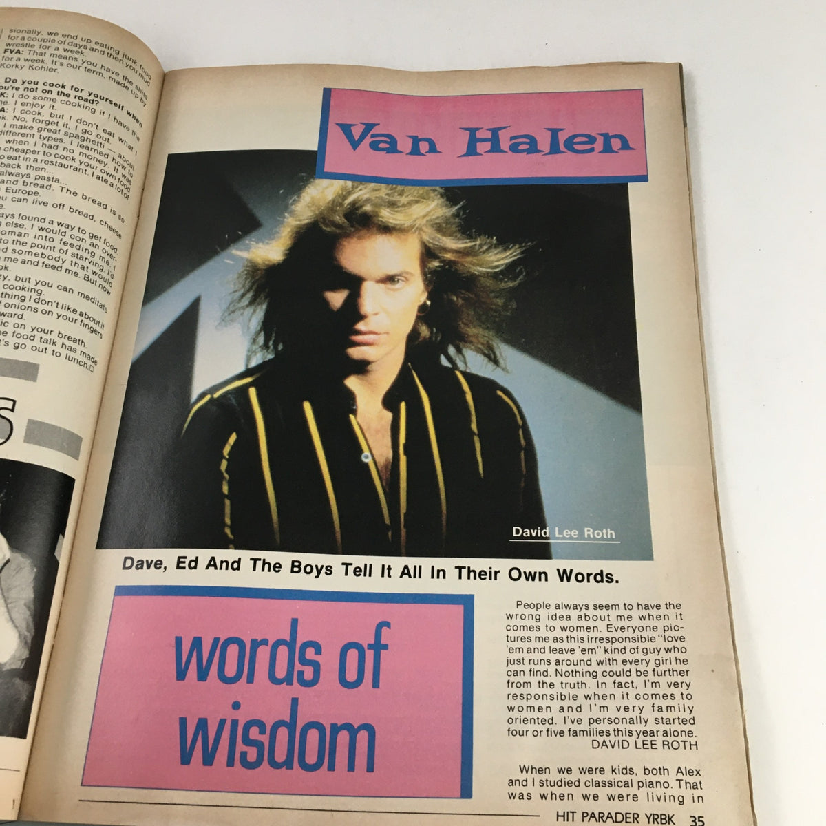 Page from Hit Parader Yearbook Winter 1986 featuring David Lee Roth of Van Halen with an interview and photo.