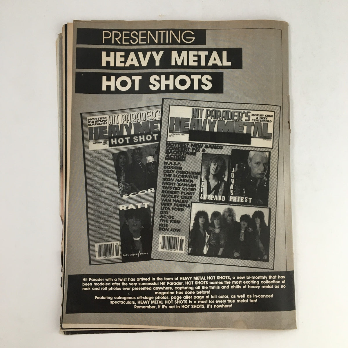 Hit Parader Yearbook Winter 1986 featuring Heavy Metal Hot Shots cover, showcasing the iconic bands from the mid-1980s including Motley Crue, highlighting the vibrant culture of rock music during this era.