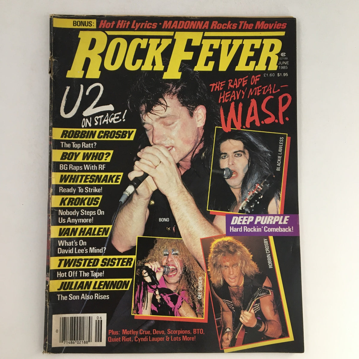 Cover of Rock Fever Magazine June 1985 Vol 2 #2, featuring rock icons Bono and Blackie Lawless, with highlights on U2 and W.A.S.P.