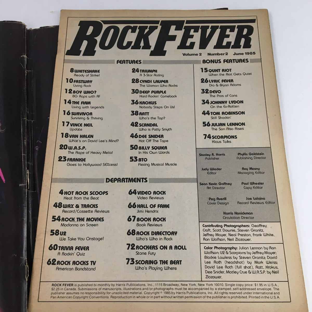 Contents page of Rock Fever Magazine June 1985 Vol 2 #2, listing articles and features about popular rock bands of the era.