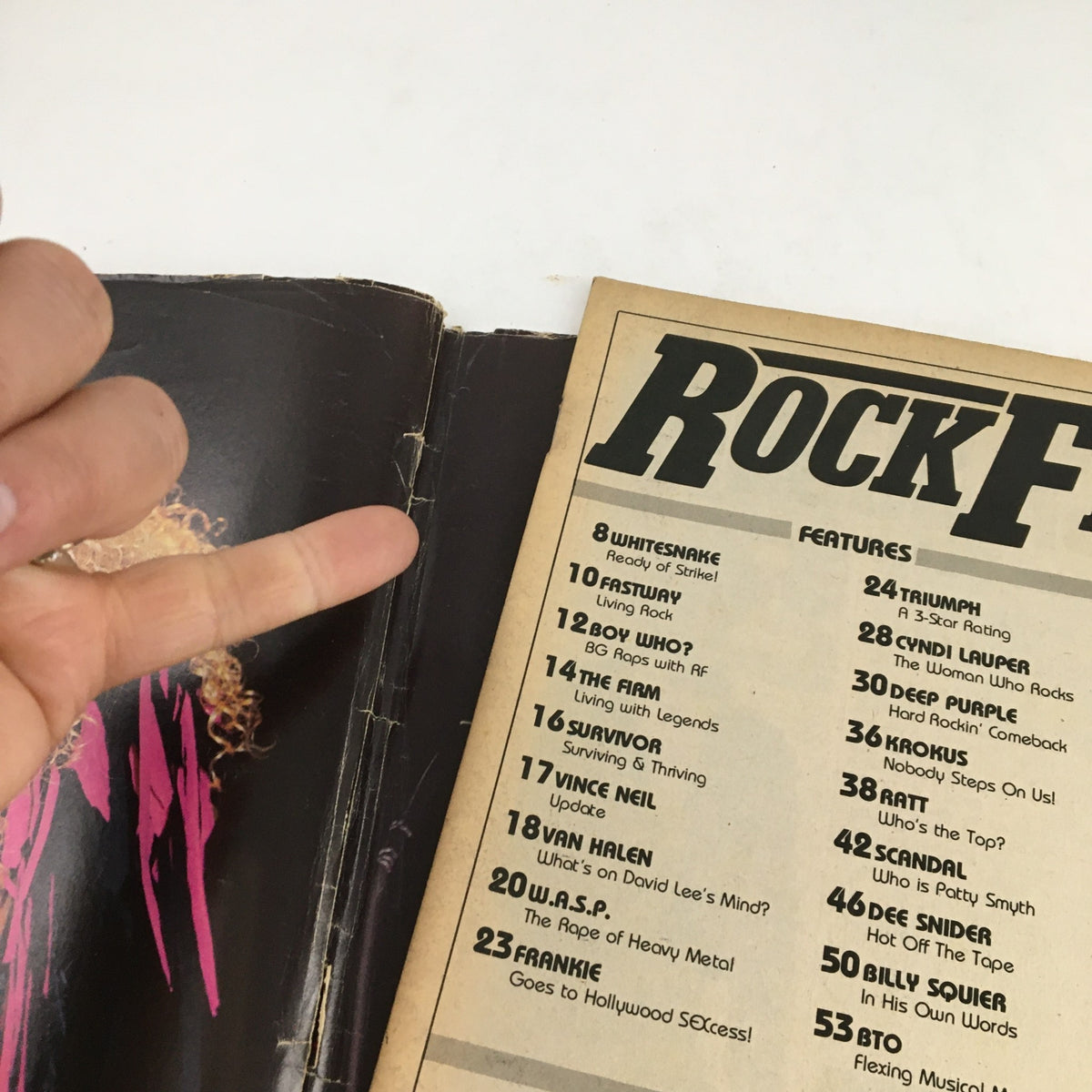 Detailed view of contents page from Rock Fever Magazine June 1985 Vol 2 #2, featuring interviews and articles about iconic rock musicians.