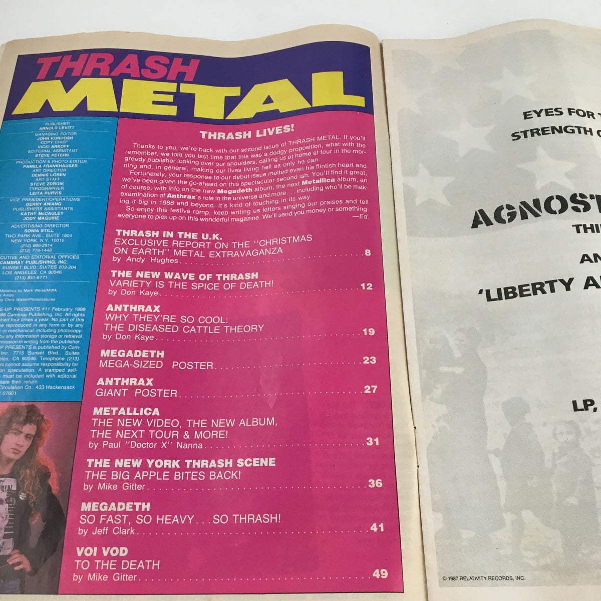 Creem Thrash Metal Magazine February 1988 featuring the table of contents with articles on thrash metal, including features on Metallica and Anthrax.