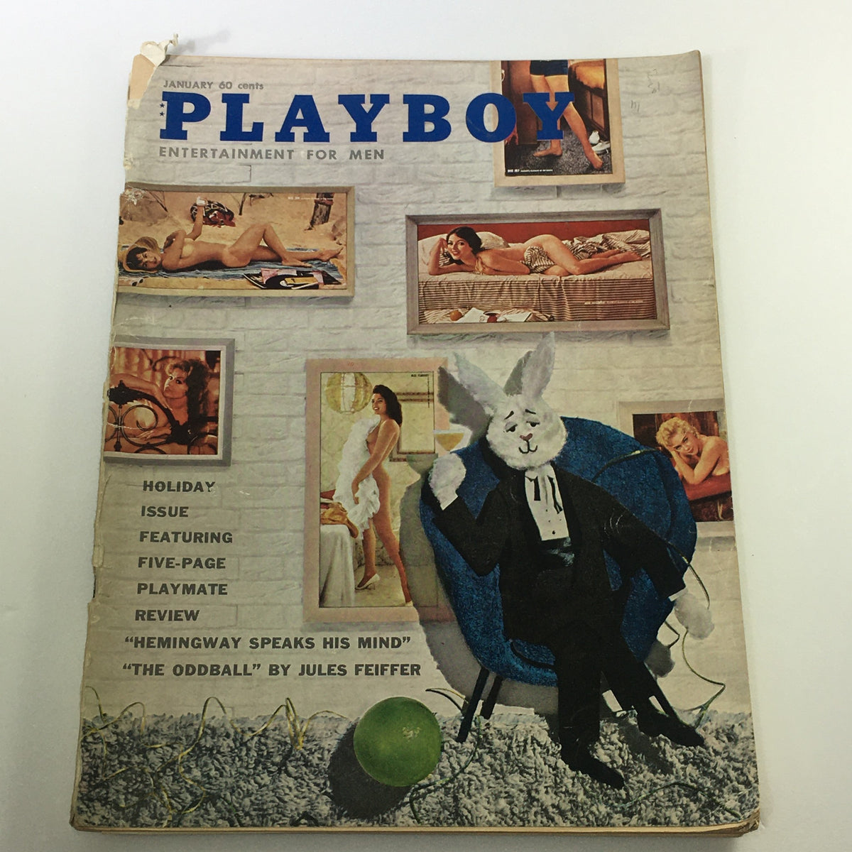 Cover of VTG Playboy Magazine January 1961 Vol. 8 #1 featuring a unique assortment of images, including a man in a rabbit suit, and various pinup models, capturing the essence of 1960s culture.