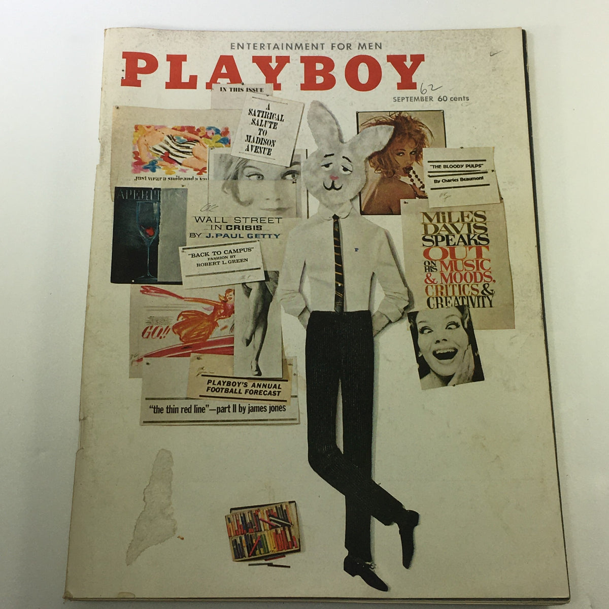Vintage Playboy Magazine cover from September 1962, Volume 9, Issue 9 featuring cover art with a rabbit character in a suit, advertisements, and the title 'Playboy'. Highlights include content on Miles Davis and other features from the 1960s.