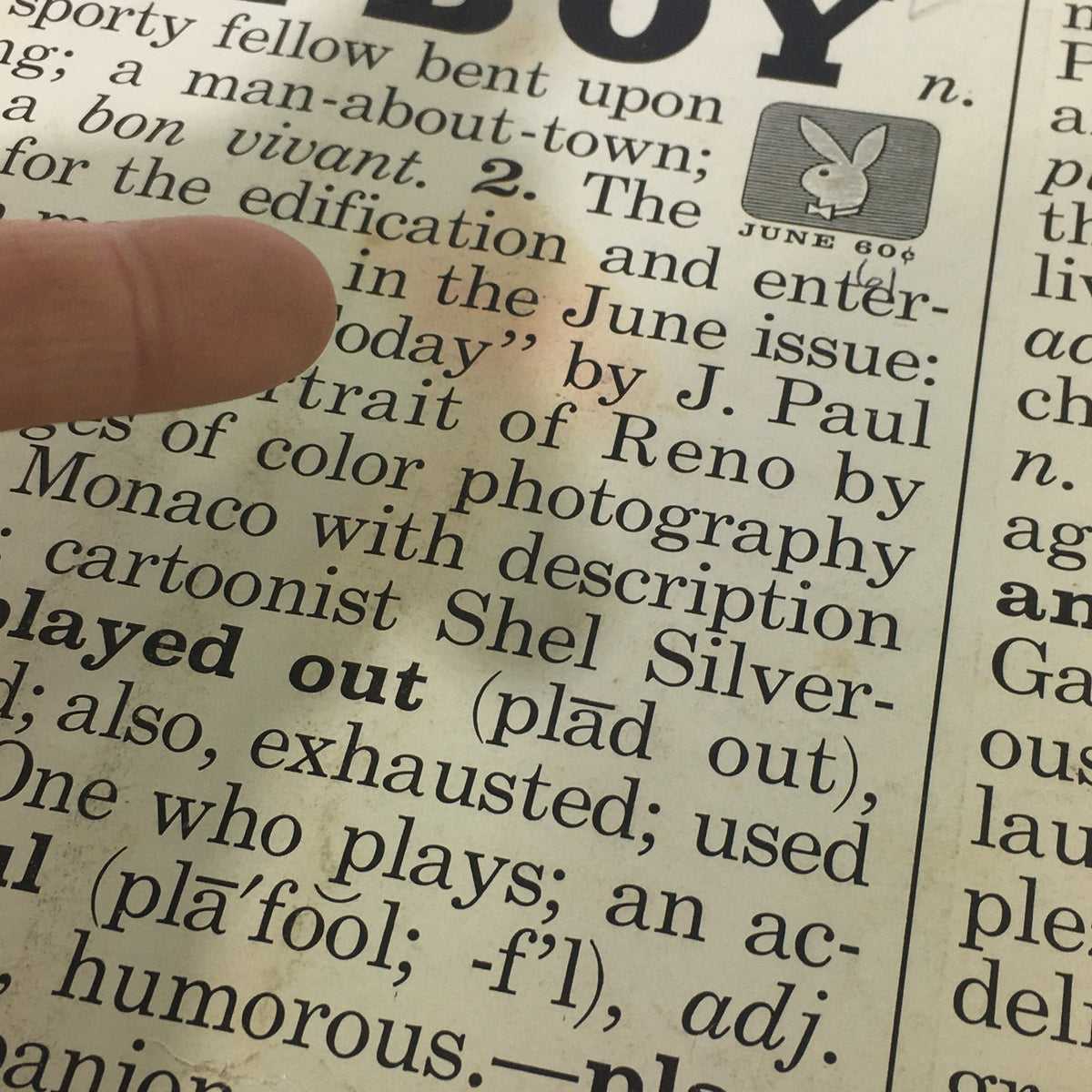 Close-up of the VTG Playboy Magazine June 1961 Vol. 8 #6 text, highlighting articles and the Playboy logo.