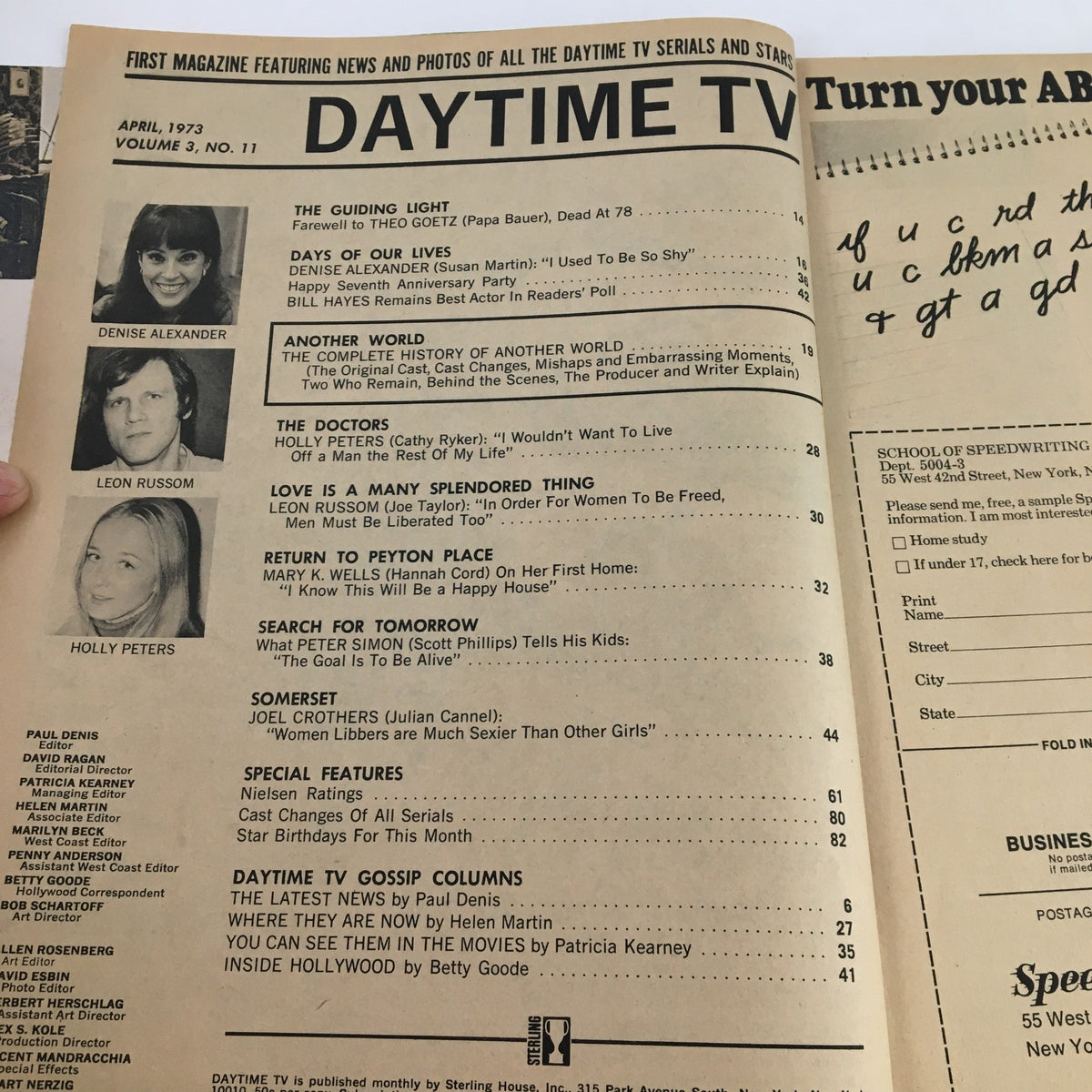 Close-up view of Daytime TV Magazine from April 1973 featuring Denise Alexander and Leon Russom on the cover, showcasing articles and features about popular daytime television shows of the era.