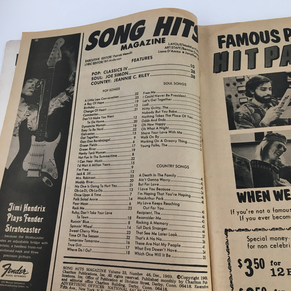 Inside page of Song Hits Magazine December 1969 listing contents with Jimi Hendrix's guitar featured and information on popular songs.