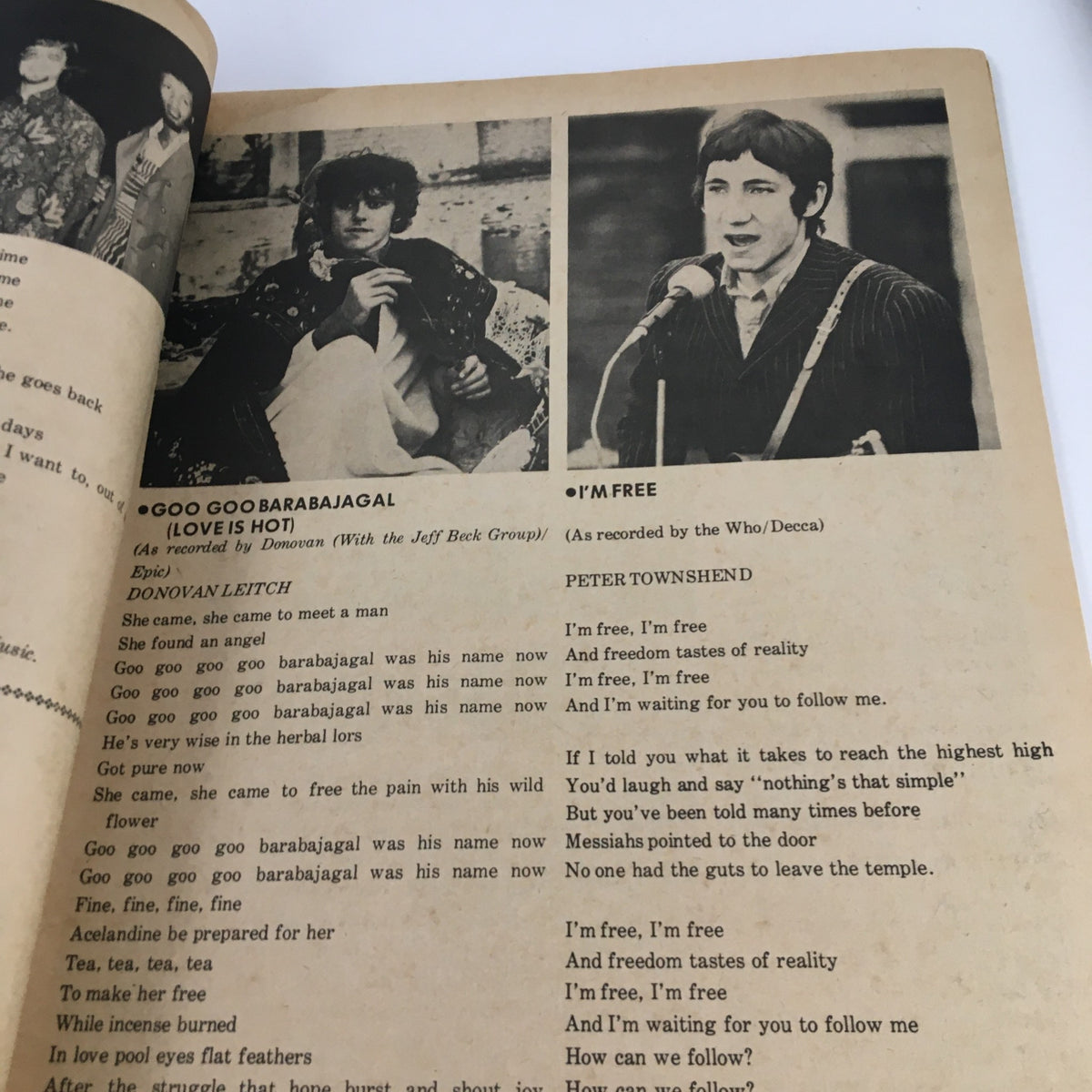 Song lyrics page from Song Hits Magazine December 1969 featuring 'Goo Goo Barabajagal' by Donovan and 'I'm Free' by Peter Townsend.