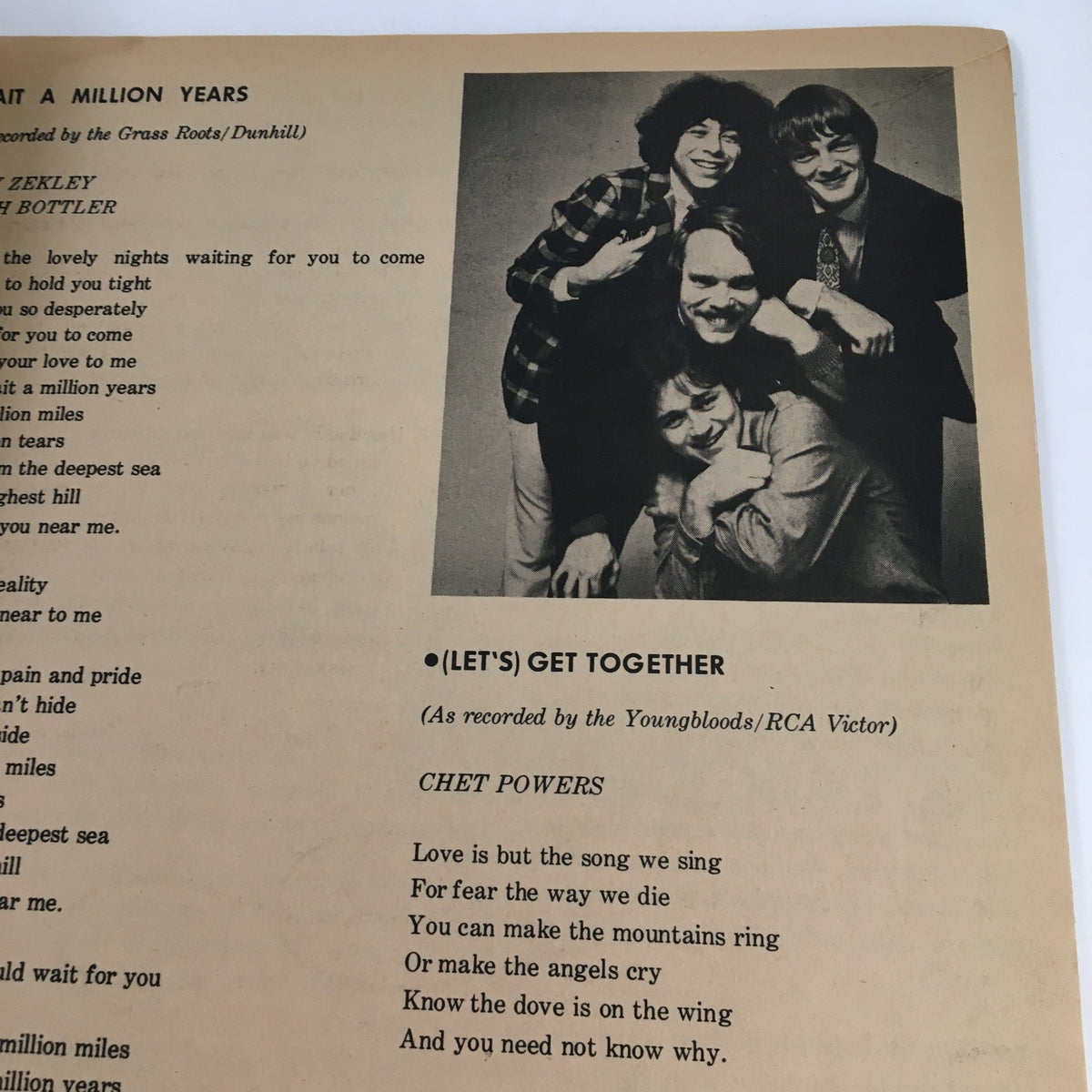 Interior page of Song Hits Magazine December 1969 featuring lyrics and a photo of musicians with the title 'LET'S GET TOGETHER'.