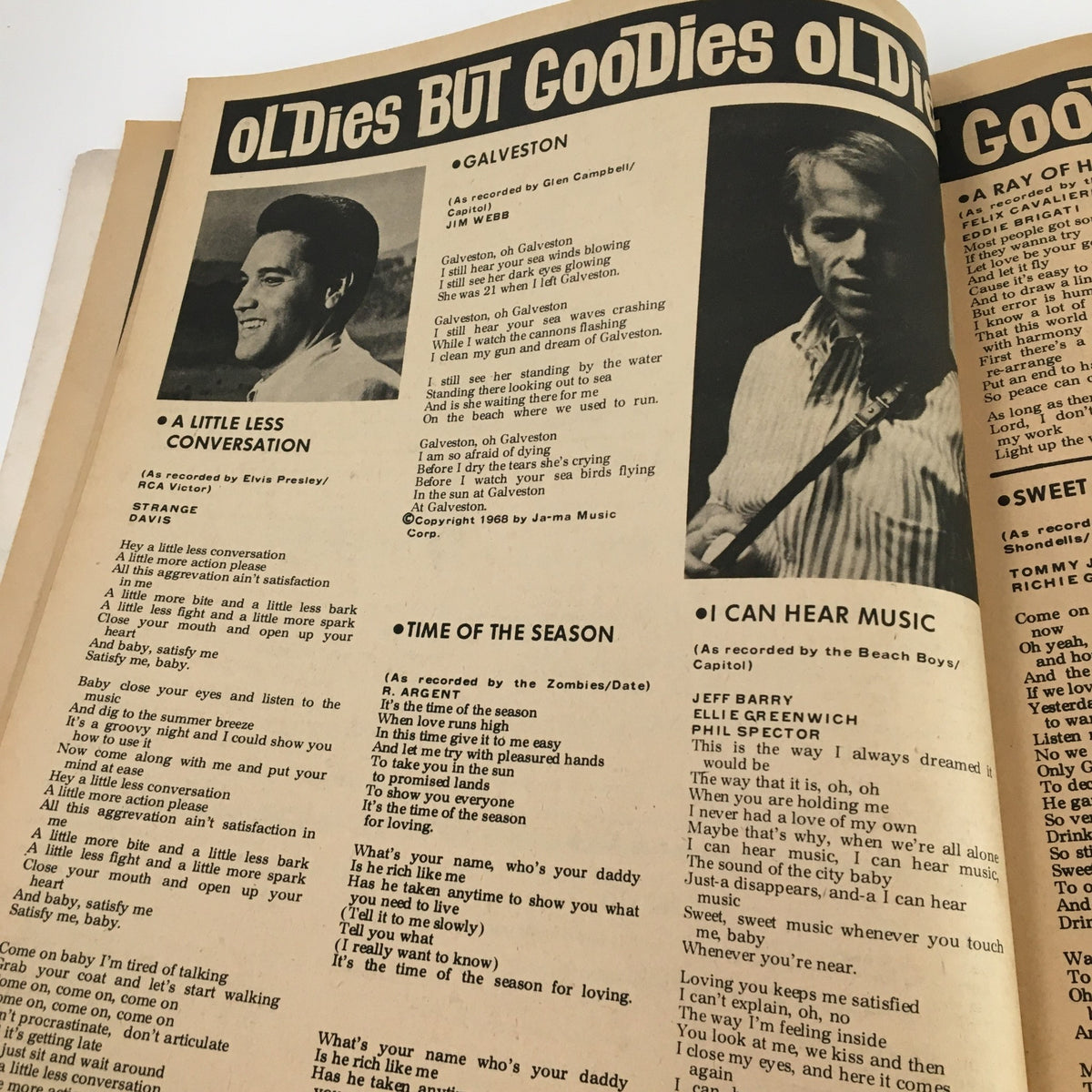 Oldies section from Song Hits Magazine December 1969 showcasing song listings and artist photos including Glen Campbell.