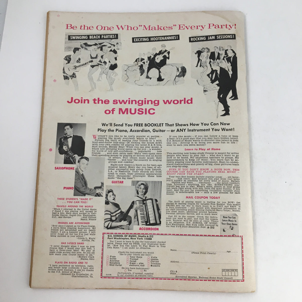 Back cover of Song Hits Magazine December 1969 with an advertisement for music lessons and instruments.