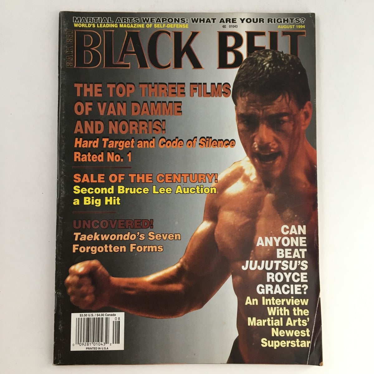 Cover of Black Belt Magazine August 1994 featuring Jean-Claude Van Damme and Chuck Norris, highlighting martial arts films and training techniques.