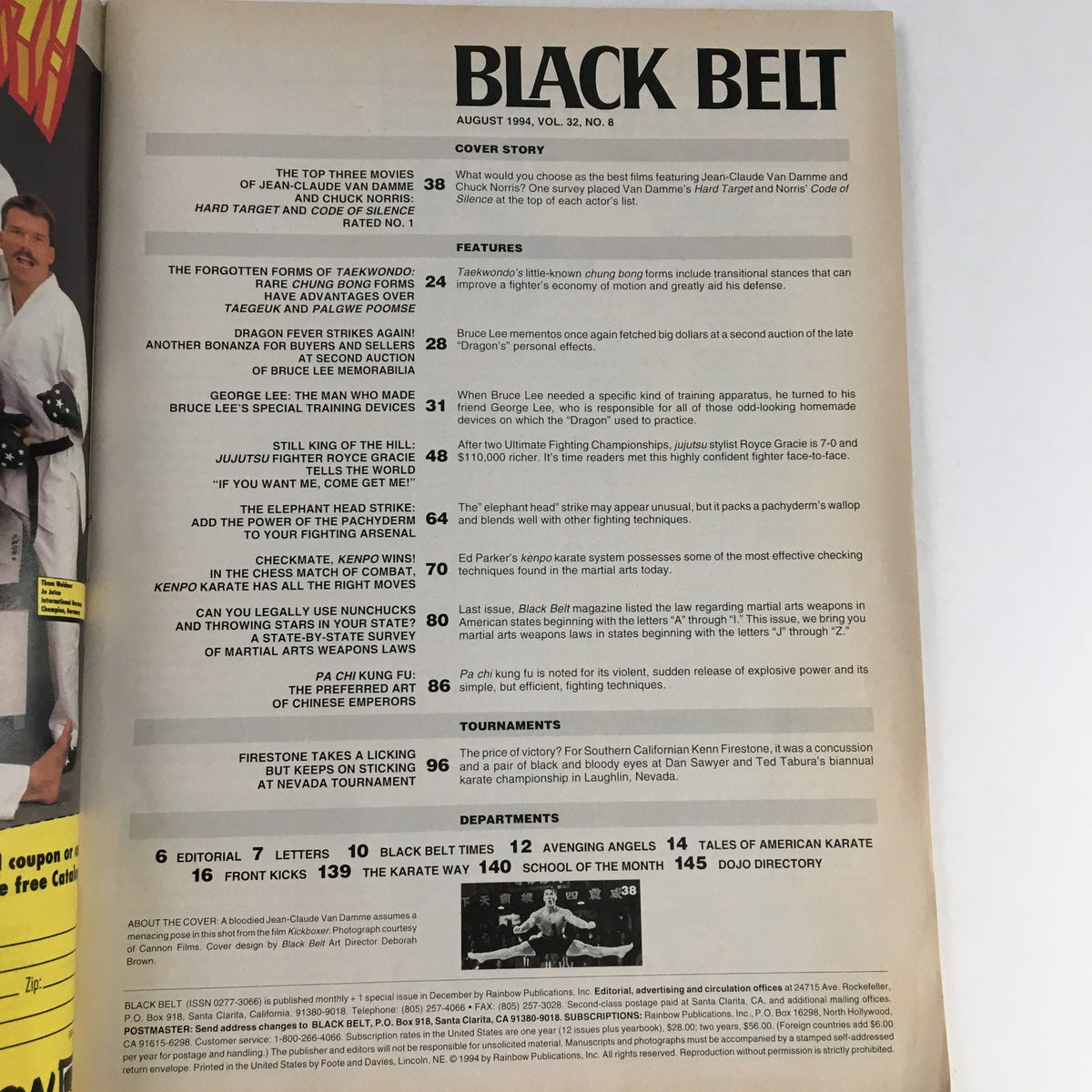 Interior page of Black Belt Magazine August 1994 with features on martial arts articles, including training methods and profiles of famous martial artists.