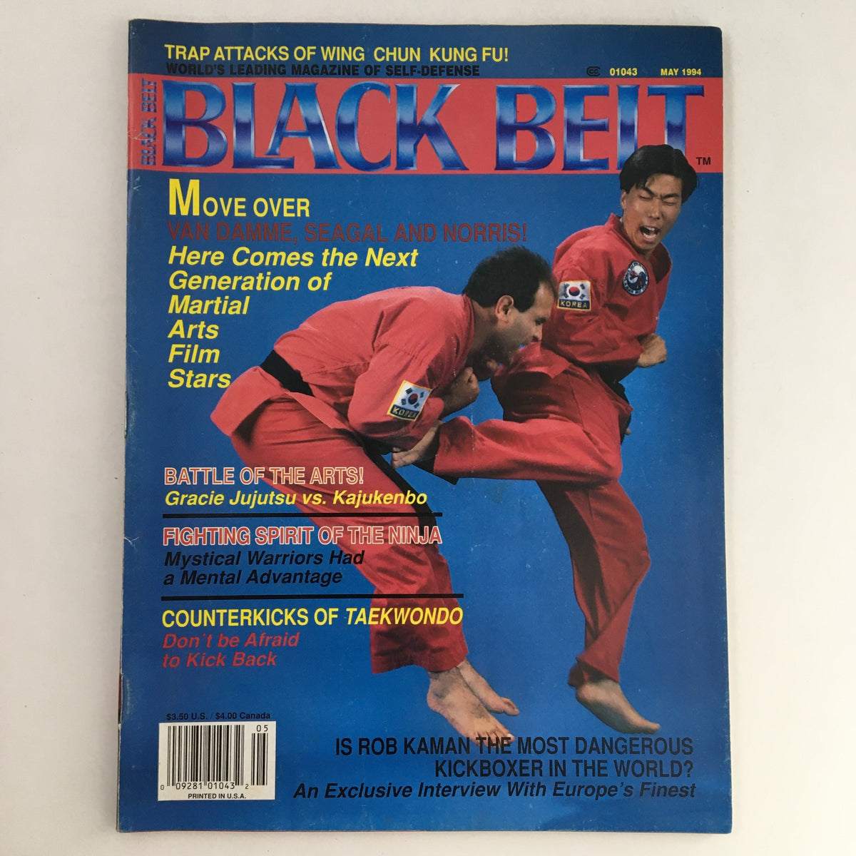 Cover of Black Belt Magazine May 1994, Vol 32 #5 featuring martial arts legends Jean-Claude Van Damme and Chuck Norris, showcasing martial arts culture and the excitement of 90s action films.