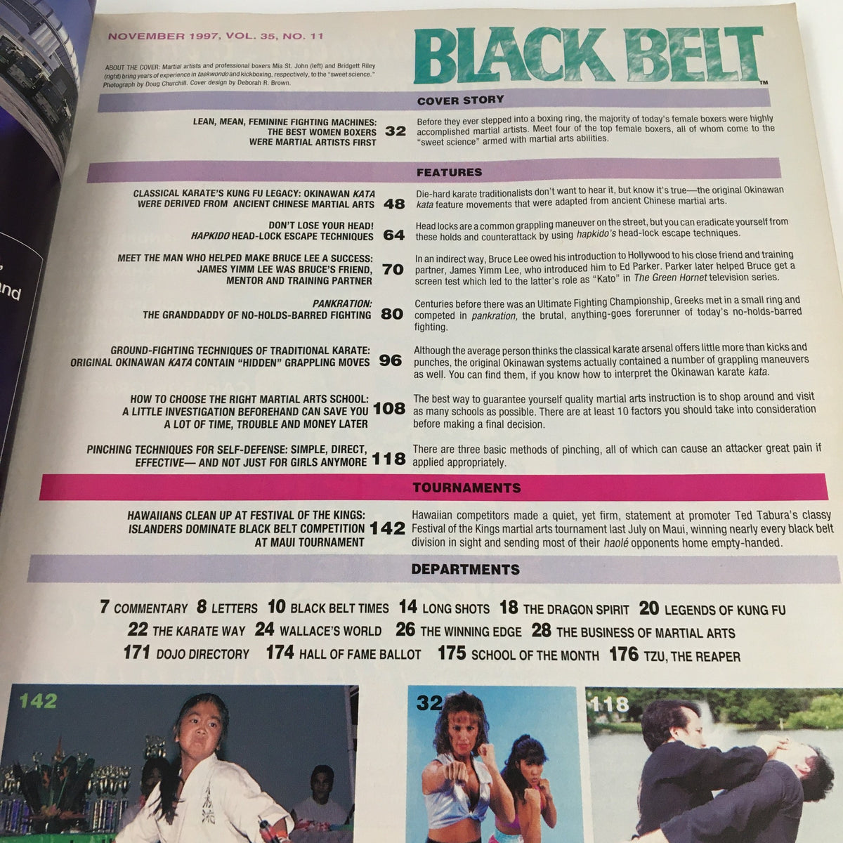 Table of contents from Black Belt Magazine November 1997, showcasing articles and features on martial arts, including topics like classical karate techniques and female boxers.