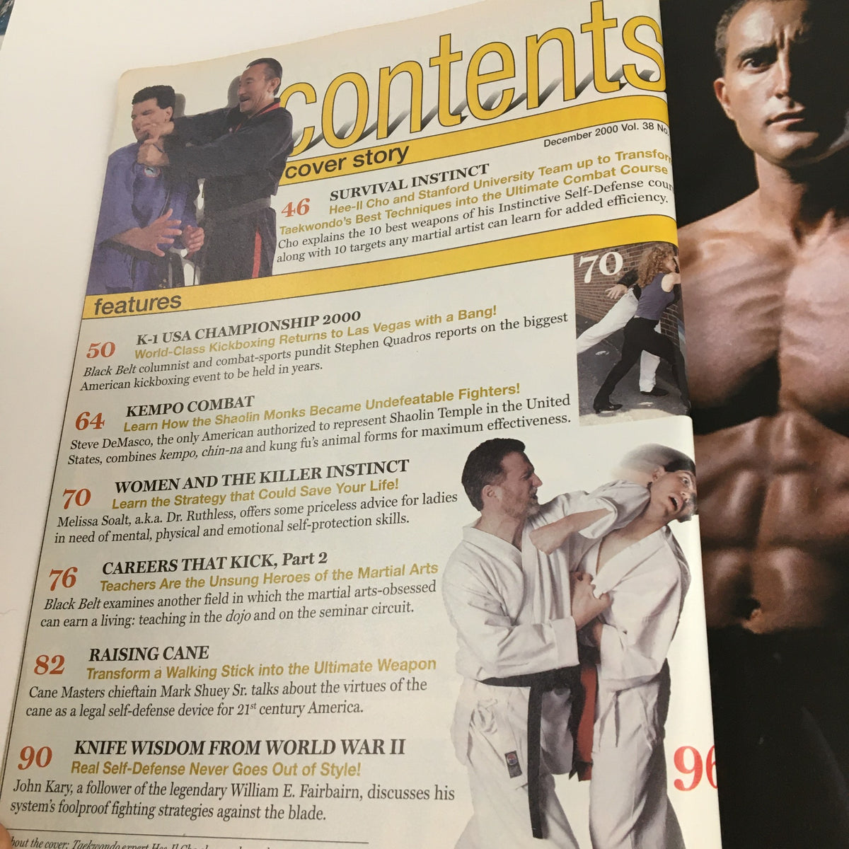 Contents page of Black Belt Magazine December 2000, showcasing featured articles including survival instinct, K-1 USA Championship, and careers that kick in martial arts.