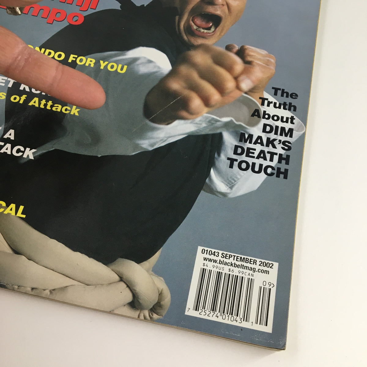 Close-up of the cover of Black Belt Magazine September 2002 Vol 40 #9, displaying martial arts techniques and titles including 'The Truth About DIM MAK’s Death Touch'.