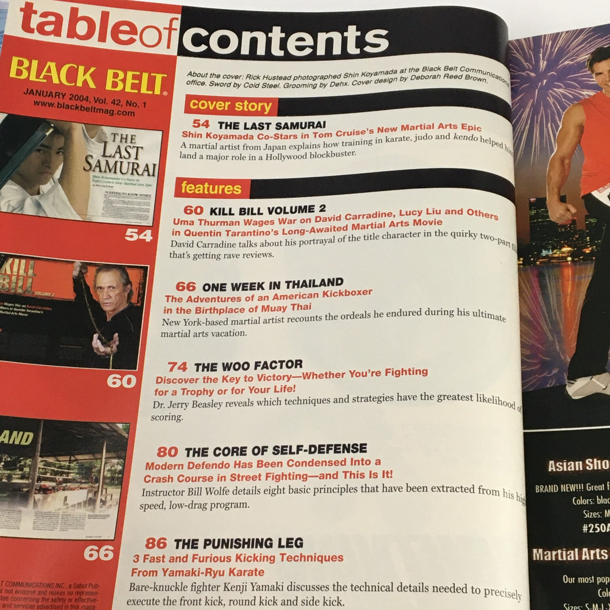 Contents page of Black Belt Magazine January 2004 Vol 42 #1 featuring various articles including 'The Last Samurai' by Shin Koyamada, martial arts techniques, self-defense tips, and interviews highlighting the evolution of martial arts culture.