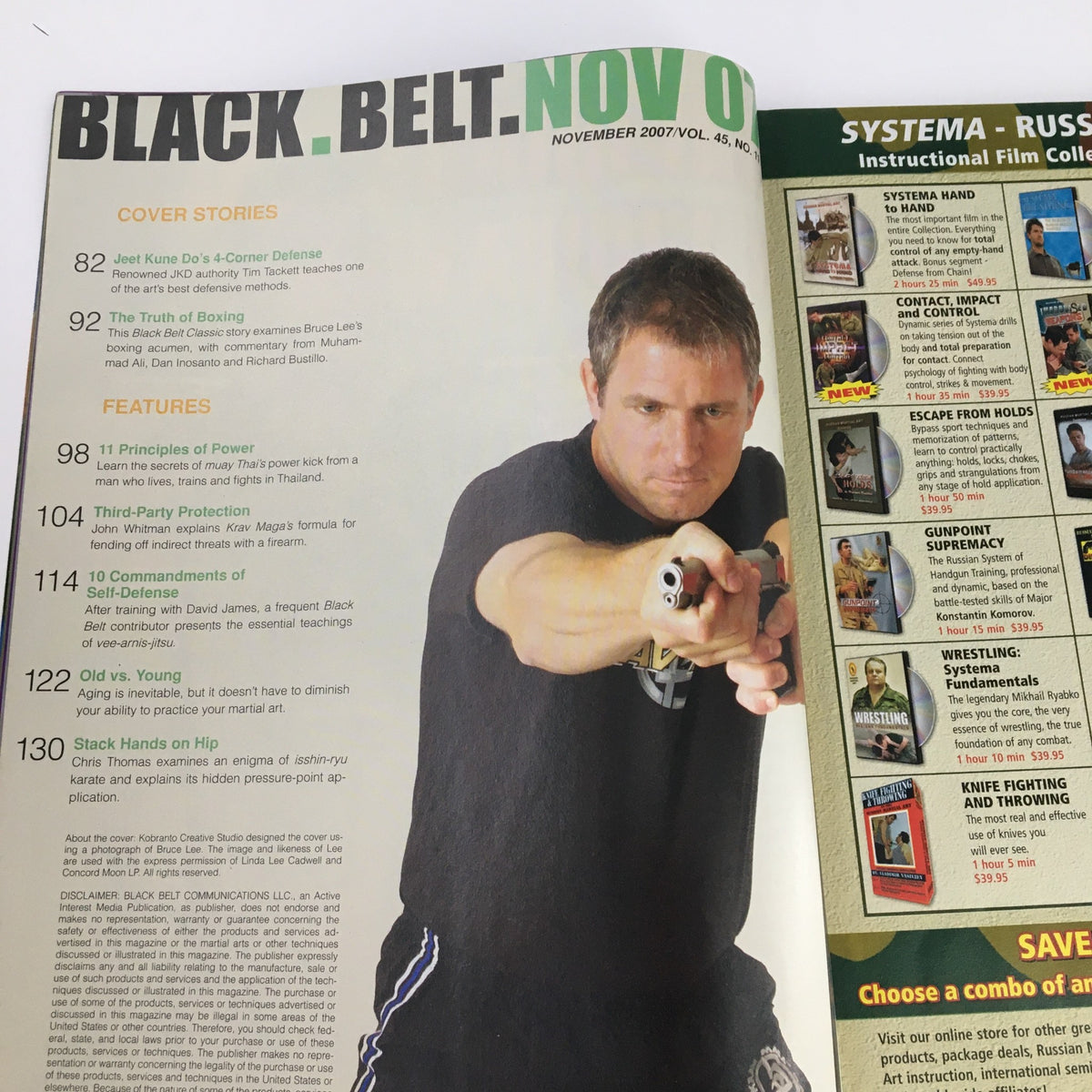 Interior page of Black Belt Magazine November 2007 Vol 45 #11 Bruce Lee Issue featuring articles and images focused on martial arts techniques.