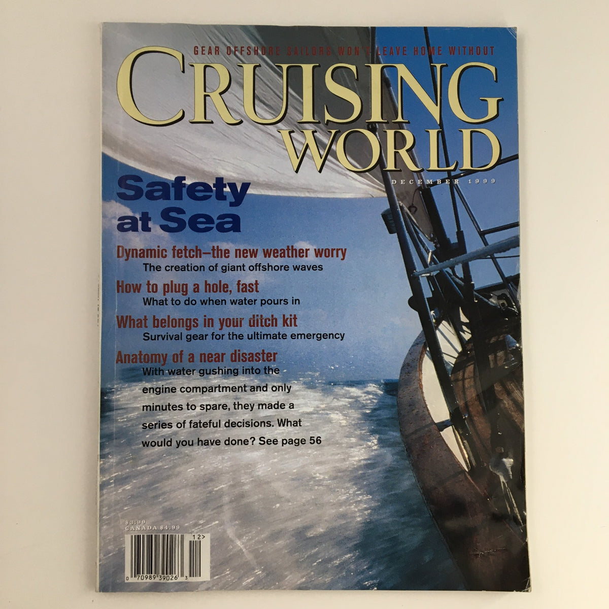 Cover of Cruising World Magazine December 1999 featuring the title 'Dynamic Fetch: The Weather Worry' with a scene of a sailboat navigating through ocean waves, highlighting safety at sea and weather-related articles.