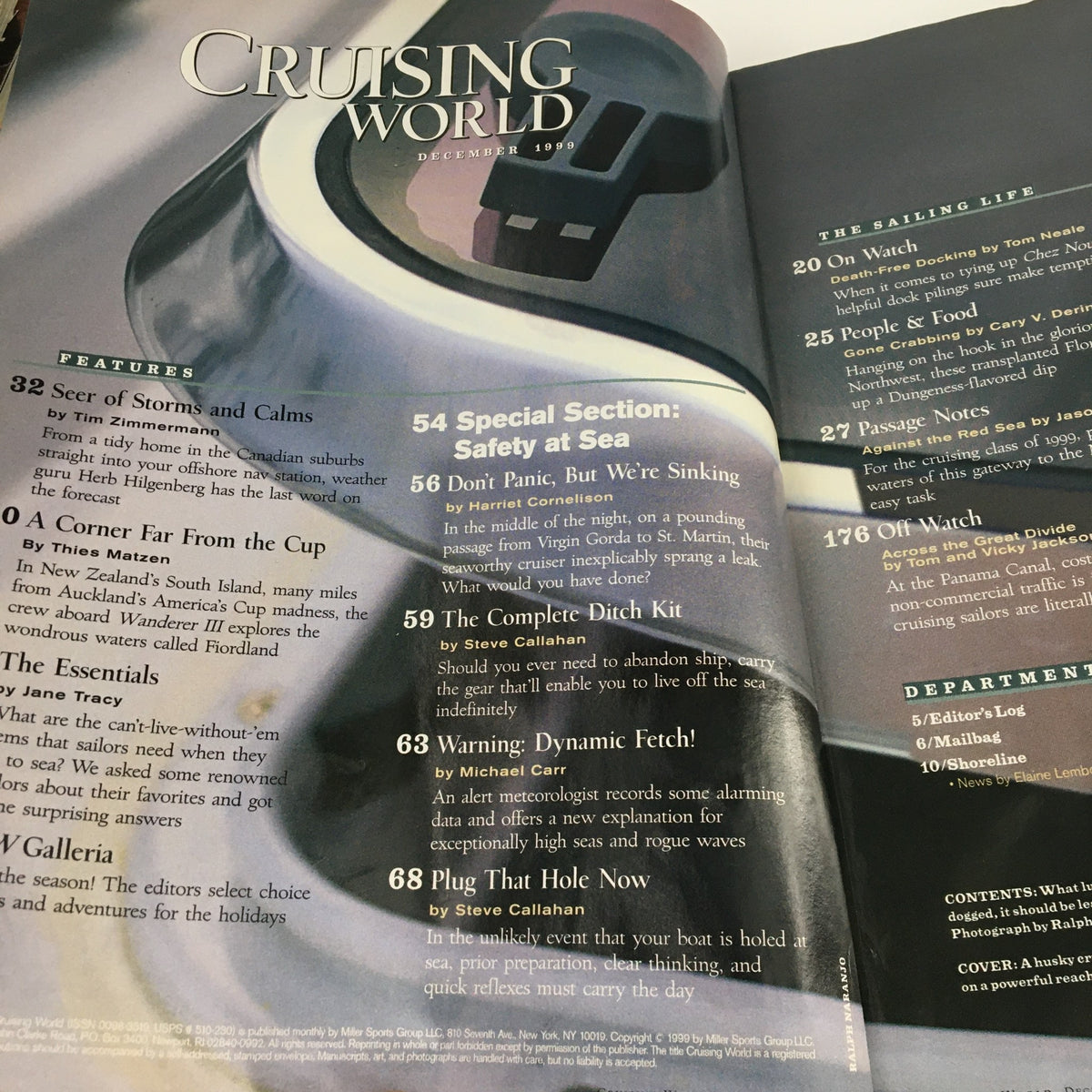 Interior page of Cruising World Magazine December 1999 featuring articles on sailing safety, ocean navigation, and weather strategies, including the section 'Warning: Dynamic Fetch.' Ideal for sailing enthusiasts and collectors.