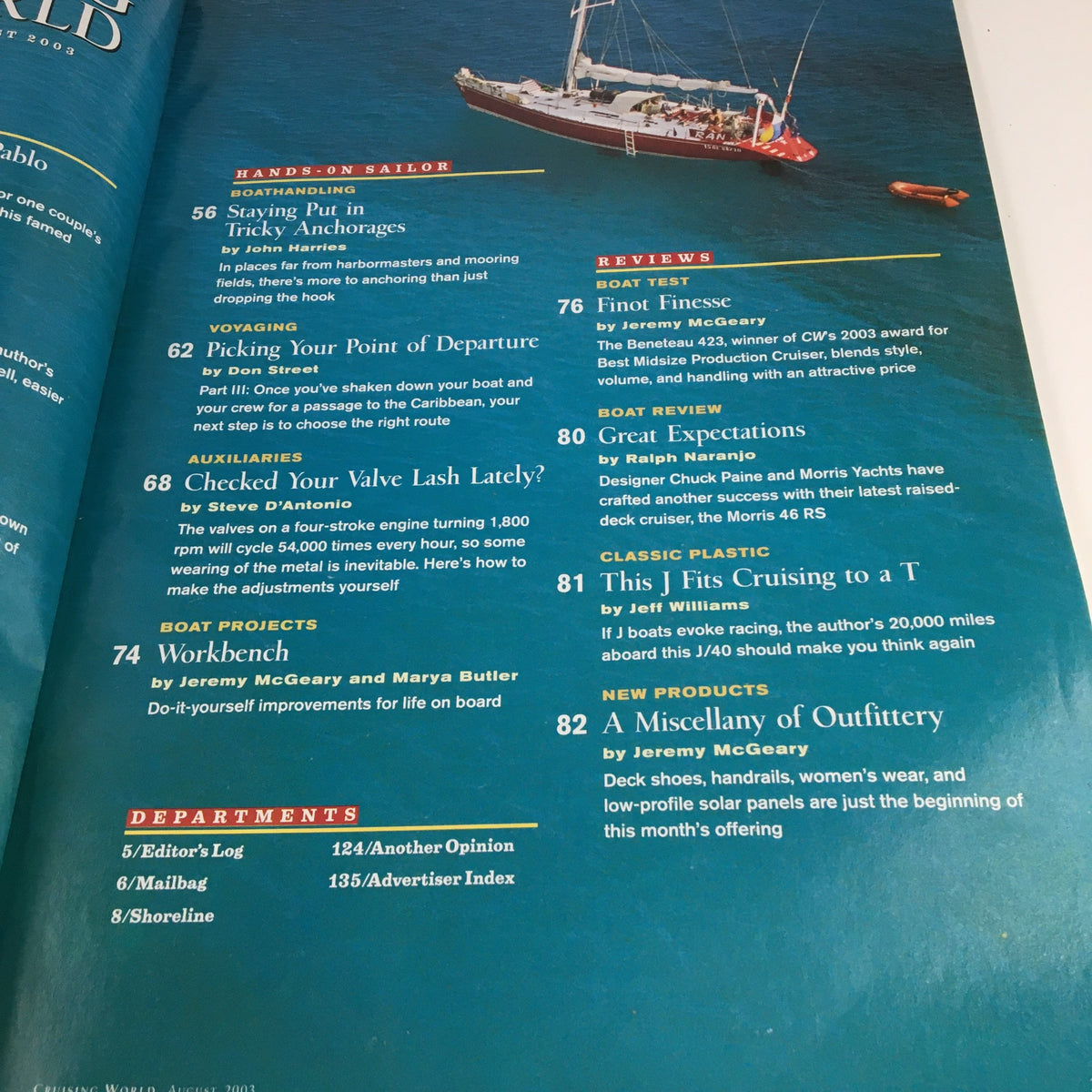 Cruising World Magazine August 2003 features a sailing vessel image alongside articles such as 'Tricky Anchors' and 'Great Expectations'.