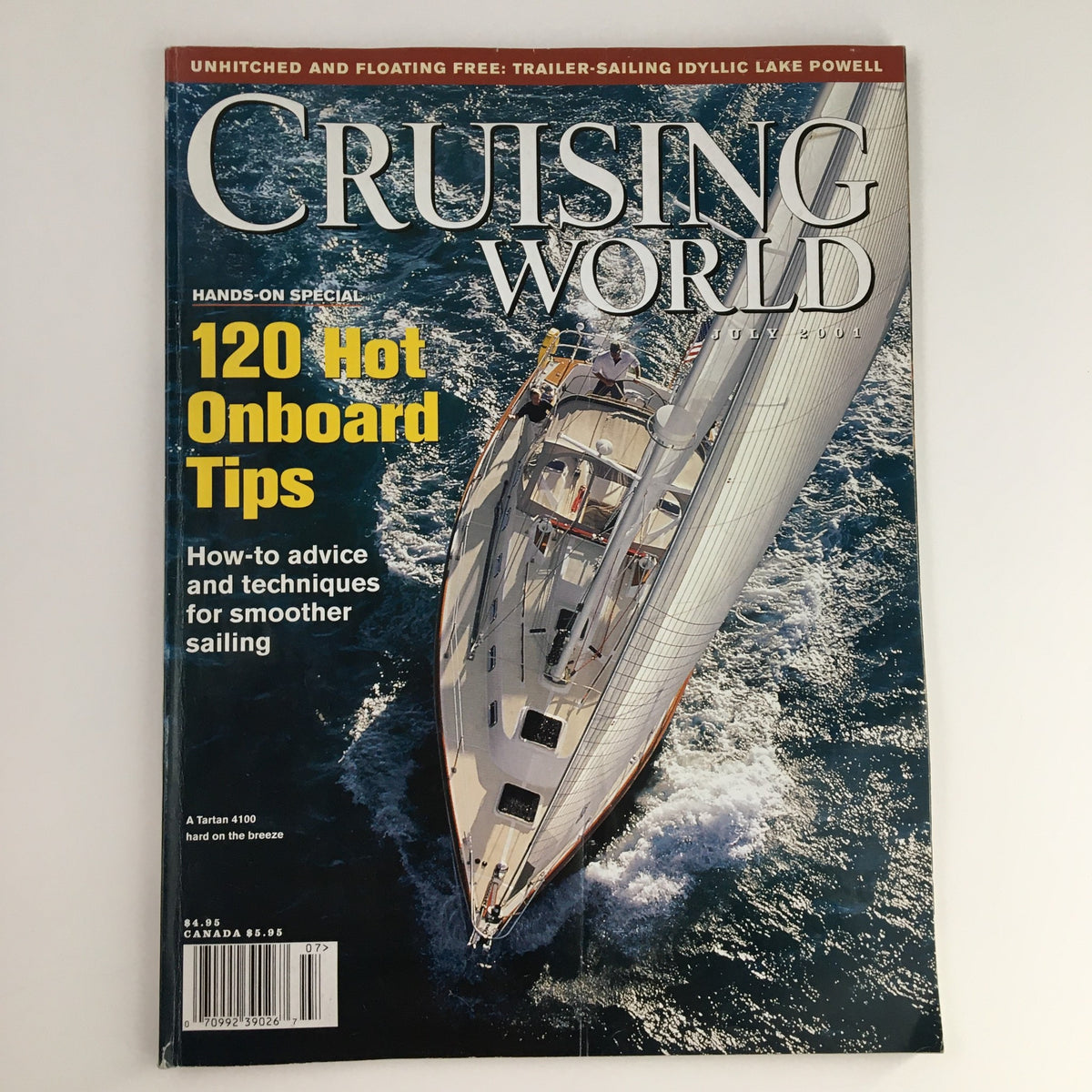 Cover of Cruising World Magazine July 2001 featuring a Tartan 4100 sailboat, showcasing sailing performance and tips for enthusiasts.