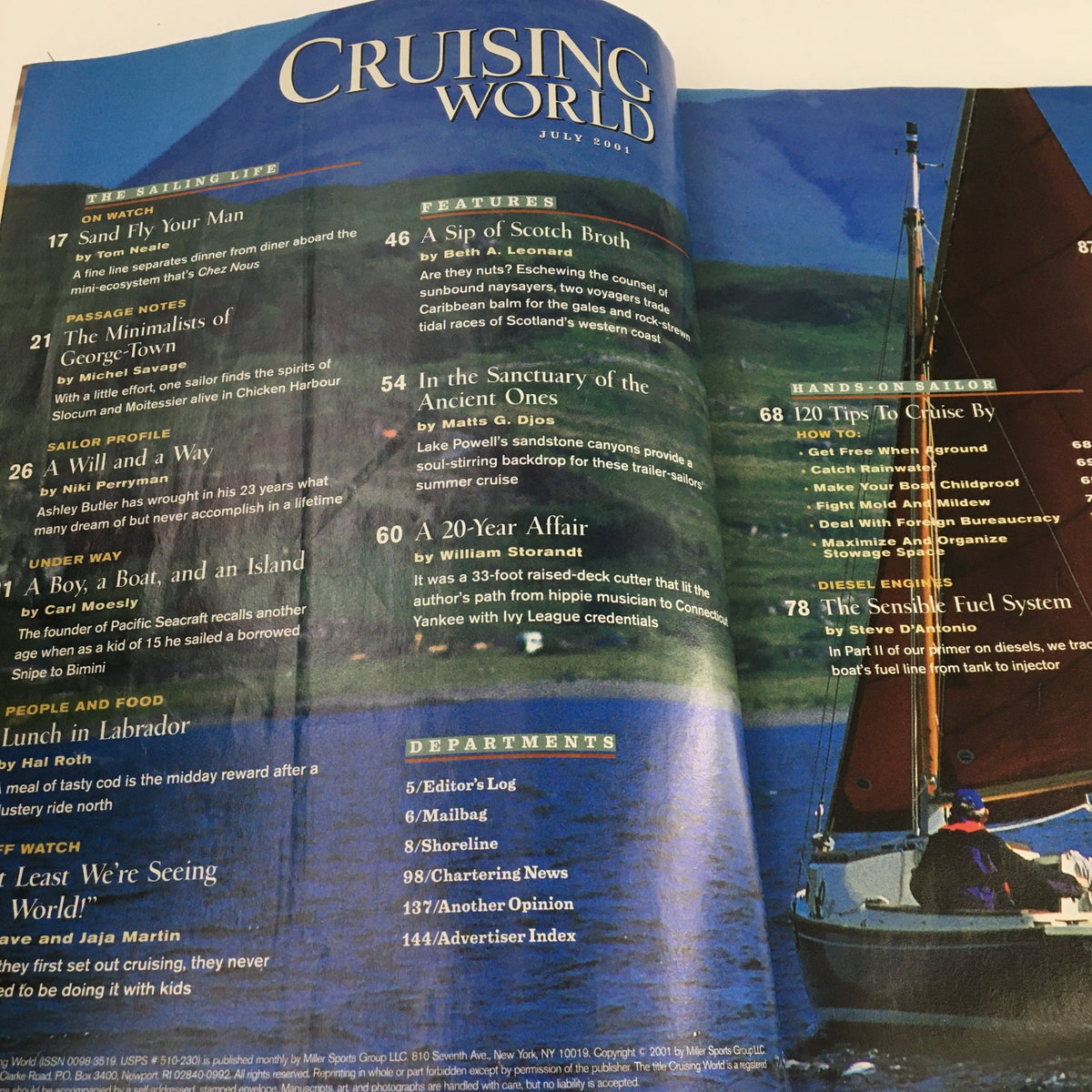 Inside page of Cruising World Magazine July 2001, highlighting articles and features on sailing, including tips for smoother sailing and a boat review.