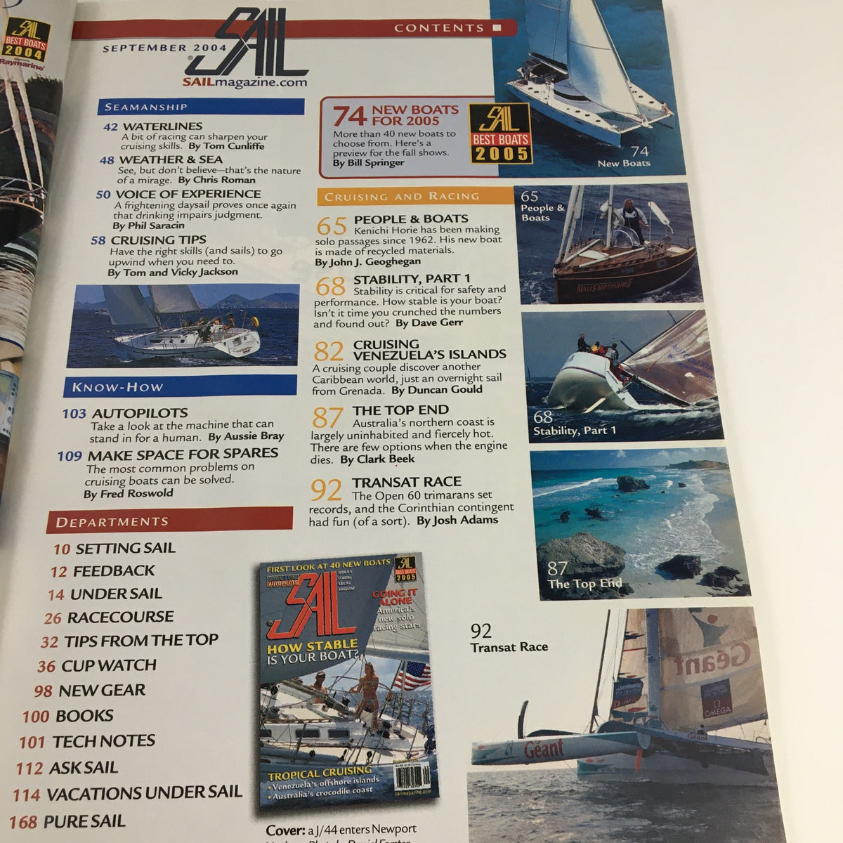 Contents page of Sail Magazine September 2004 showcasing the featured articles, including 'New Boats' and 'Cruising & Racing.' Highlights include sections on seamanship, know-how tips, and information on sailing trips.
