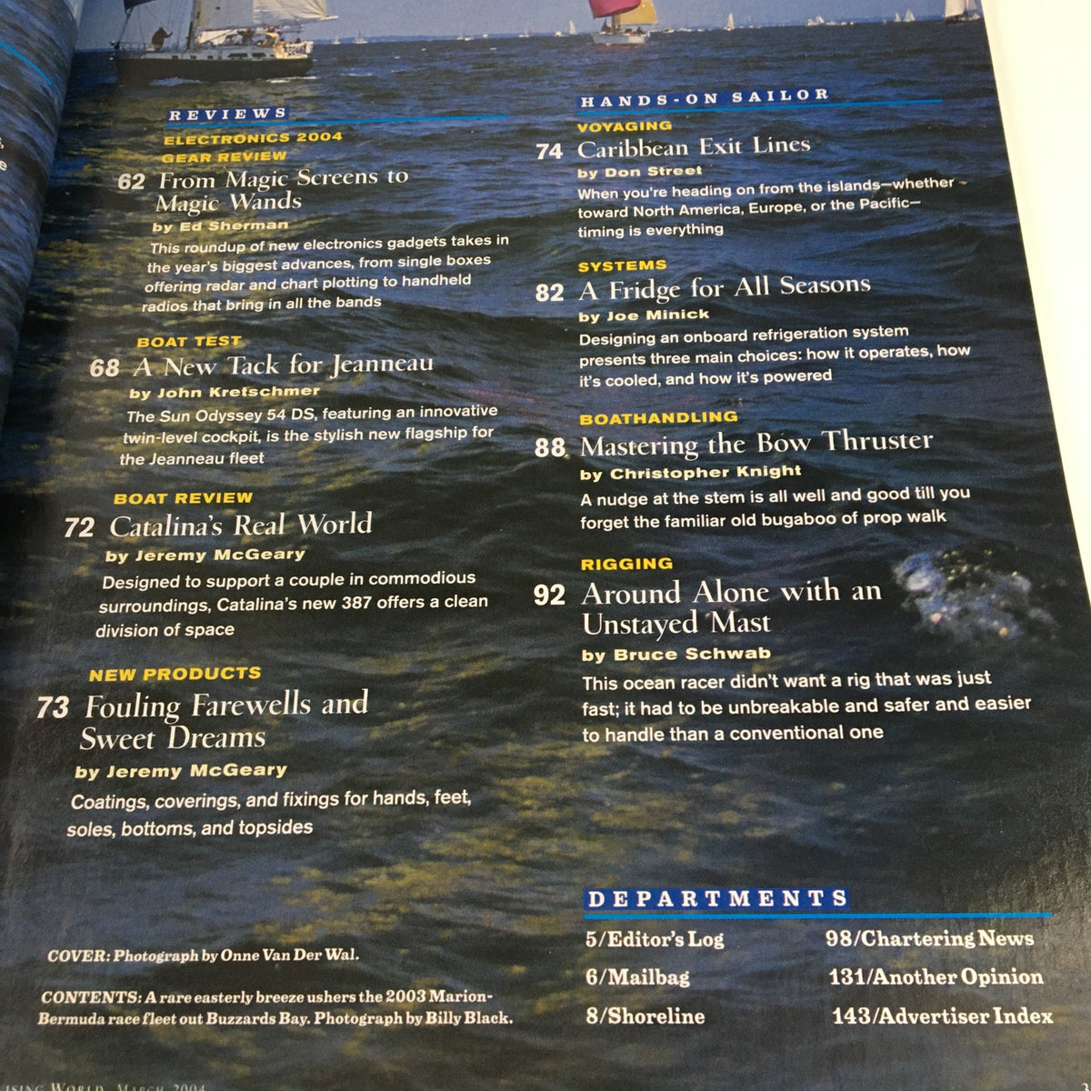 Another inside page of Cruising World Magazine March 2004 displaying reviews and product information, with the title 'Cruising World Magazine March 2004 Shaman among South Georgia Island, No Label'.