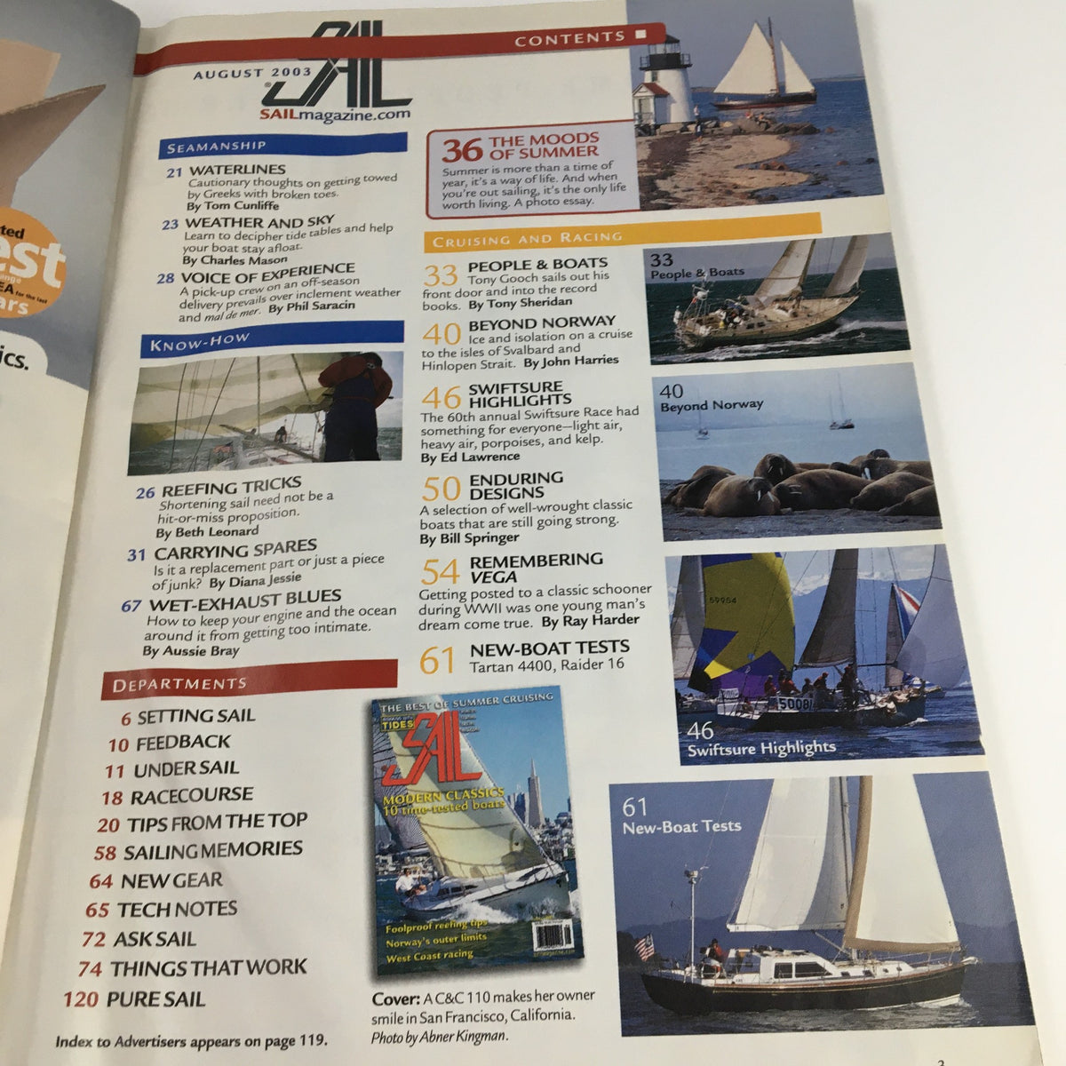 Contents page of Sail Magazine August 2003 listing various articles on sailing techniques, cruising regions, and new boat tests, highlighting its vintage appeal.
