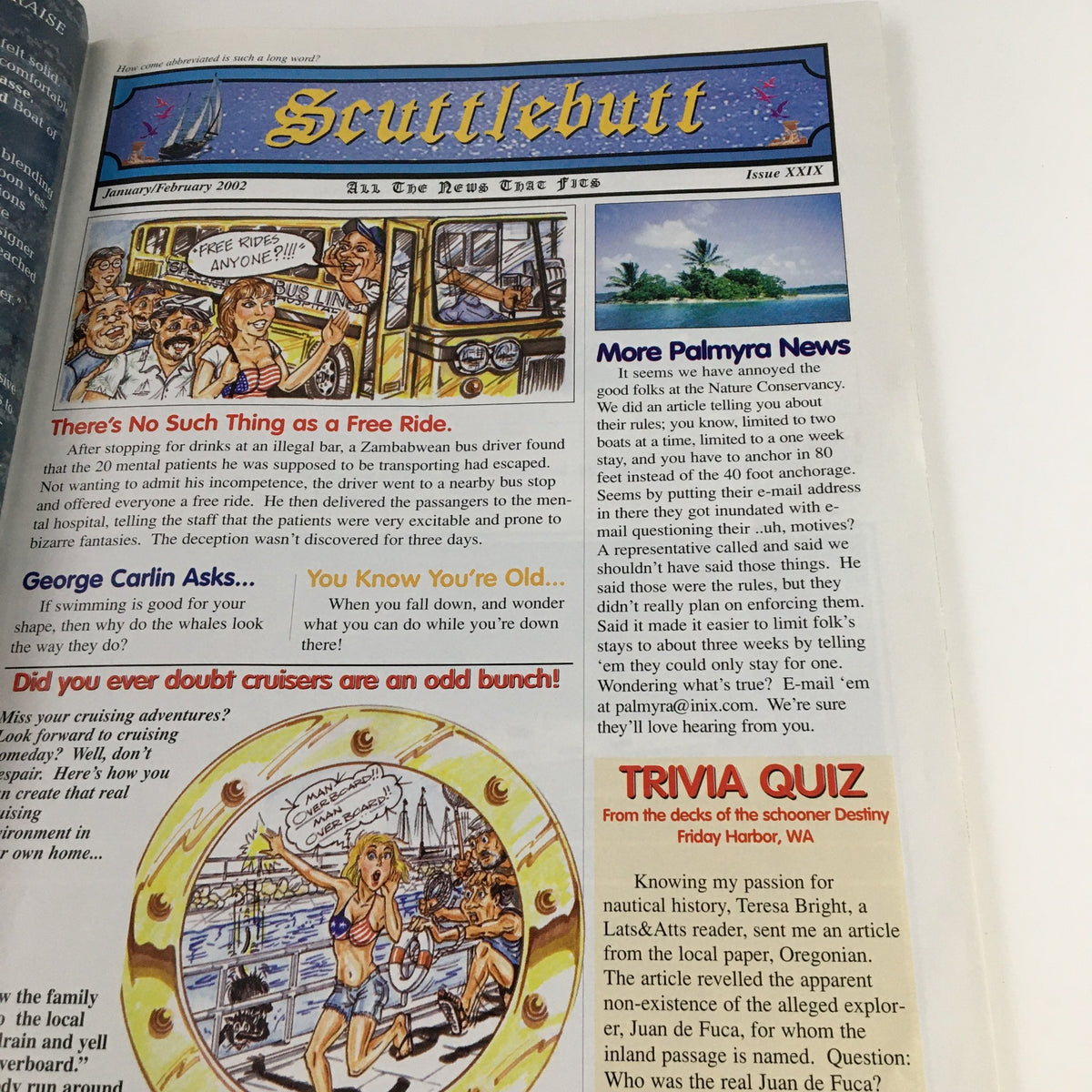 Cover of Latitudes & Attitudes Magazine January 2002 featuring articles on cruising lifestyle with colorful illustrations and a header titled 'Scuttlebutt', showcasing nostalgic maritime content.
