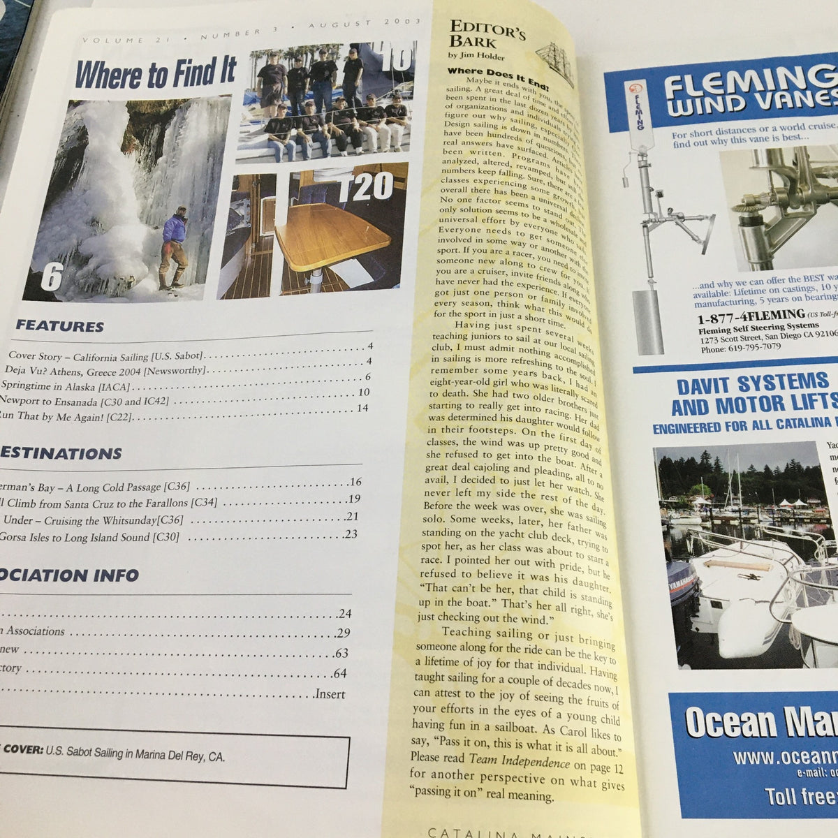 Inside pages of Mainsheet Magazine August 2003, featuring editorial content about U.S. Sabot sailing in Marina Del Rey, CA, including articles and features related to sailing.