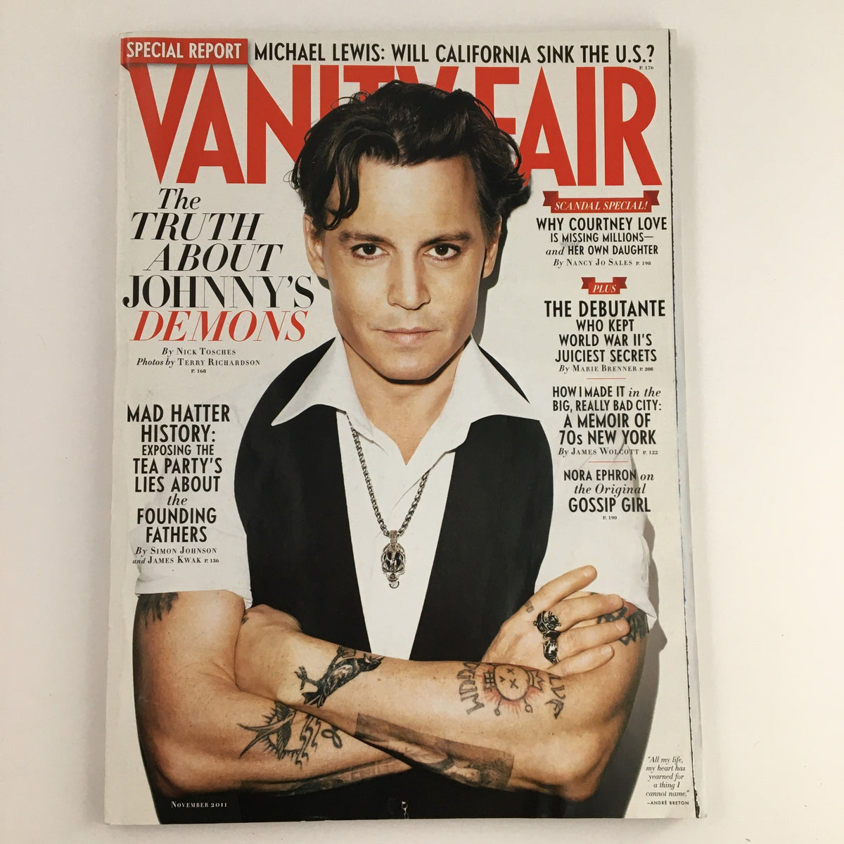 Vanity Fair Magazine November 2011 cover featuring Johnny Depp, highlighting an article about his personal struggles titled 'The Truth About Johnny's Demons.' Includes the names of contributing editor Michael Lewis and notable issues like California's future.