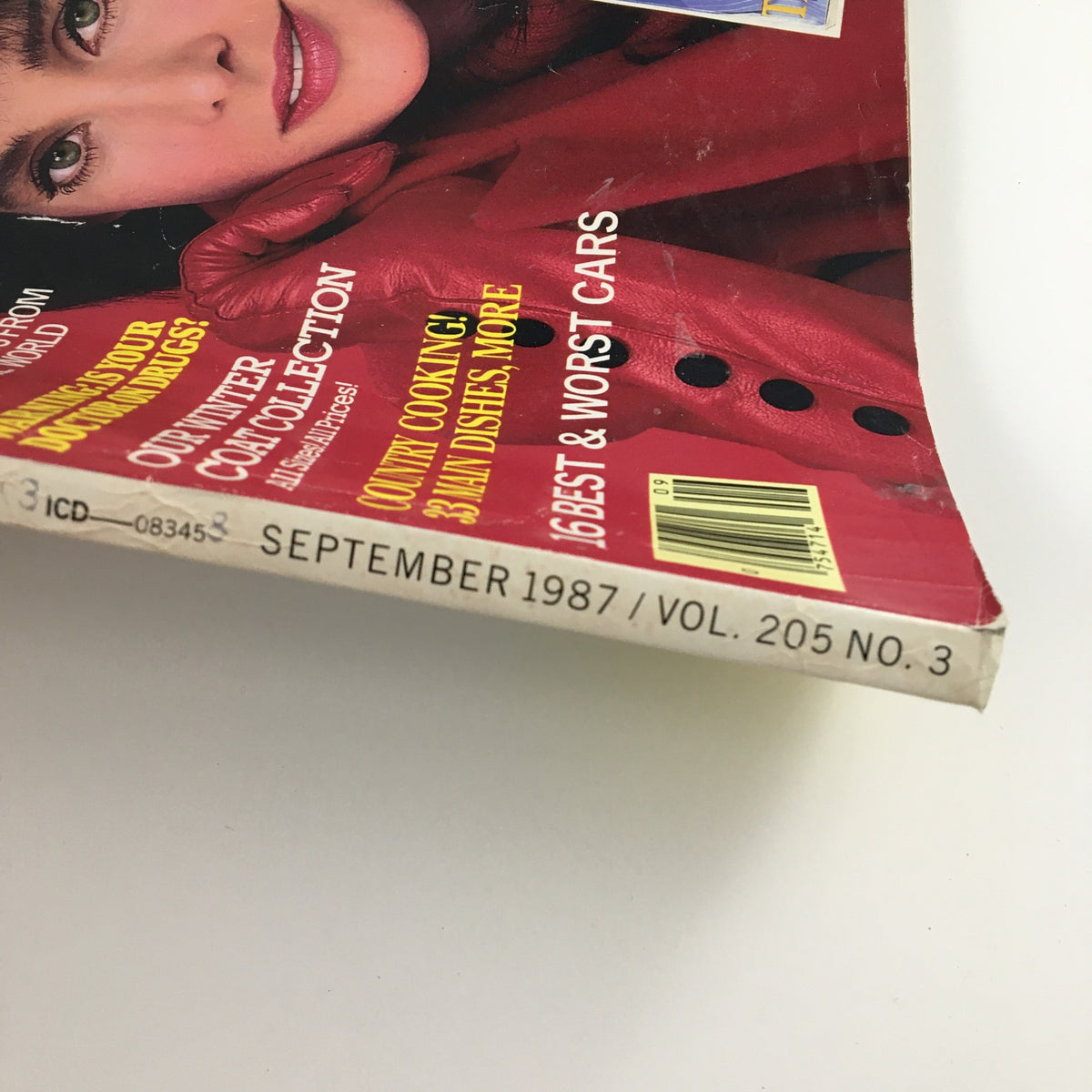 Good Housekeeping Magazine September 1987 featuring Connie Sellecca on the cover, showcasing fashion and cooking themes, with visible wear on the magazine.