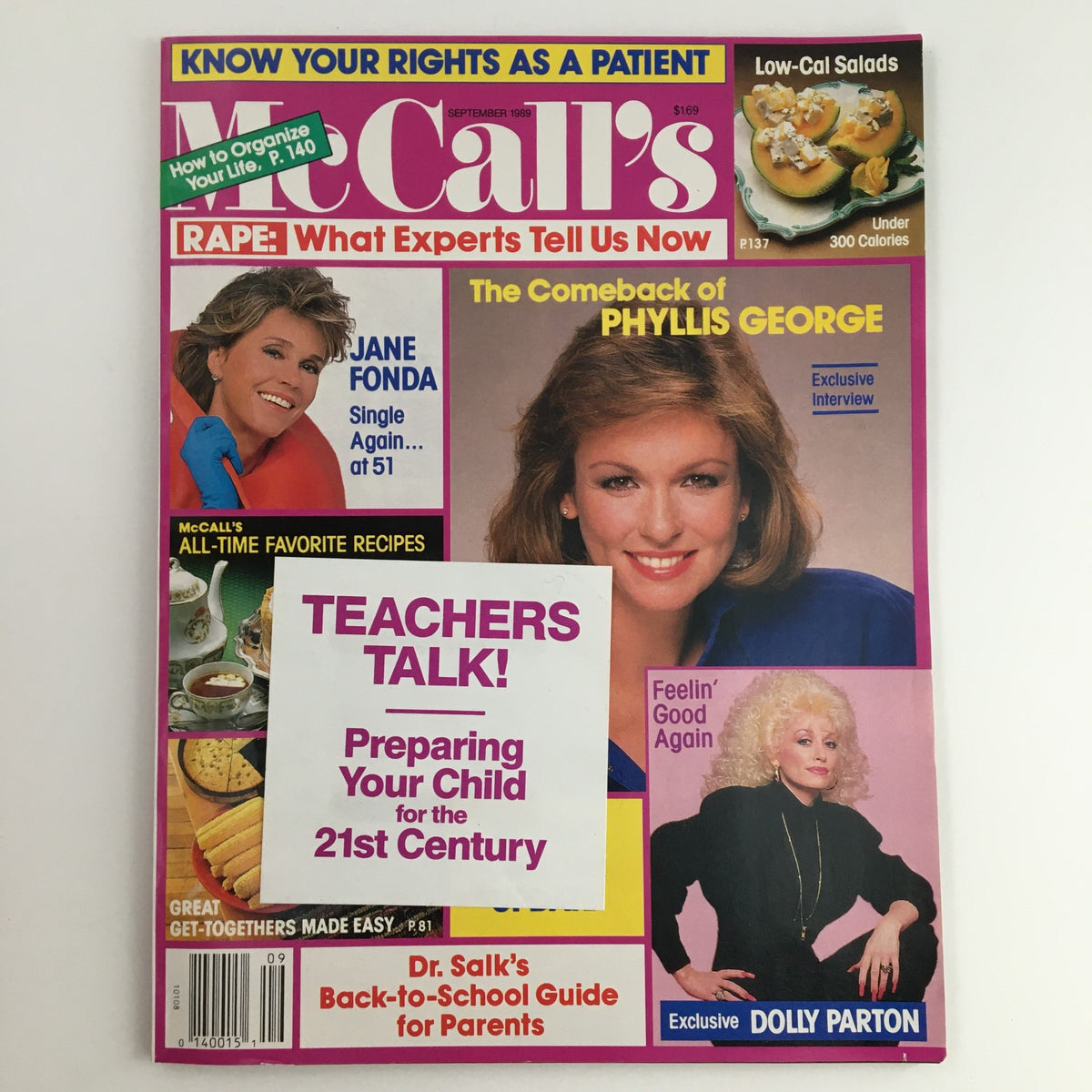 McCall's Magazine September 1989 featuring Jane Fonda and Phyllis George on the cover, advertising an exclusive interview and discussing topics like preparing children for the 21st century.