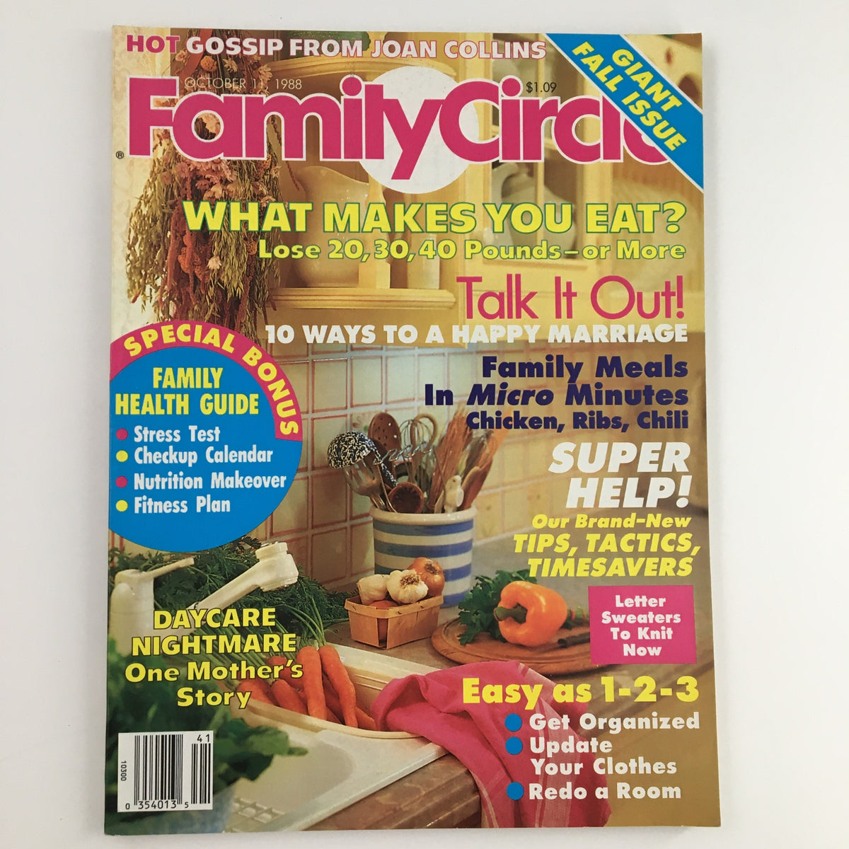 Cover of Family Circle Magazine dated October 11, 1988, featuring the article '10 Ways To Make A Happy Marriage,' along with health tips and a vibrant kitchen setting.