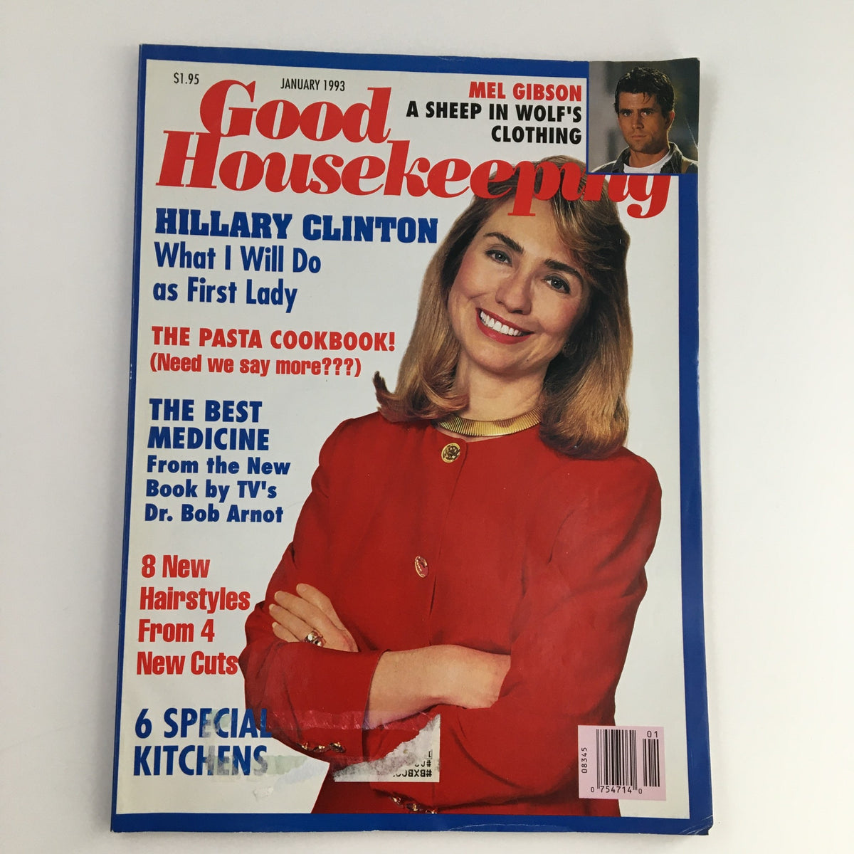 Cover of Good Housekeeping Magazine from January 1993 featuring Hillary Clinton smiling in a red outfit, with headlines about Mel Gibson and various lifestyle topics.
