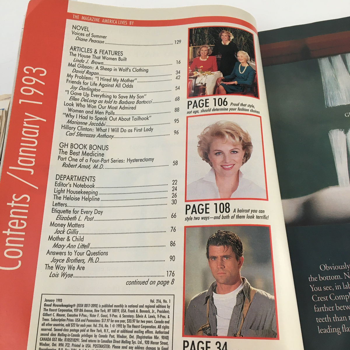 Contents page of Good Housekeeping Magazine January 1993, listing articles and features including Hillary Clinton's story and Mel Gibson, alongside images of featured personalities.
