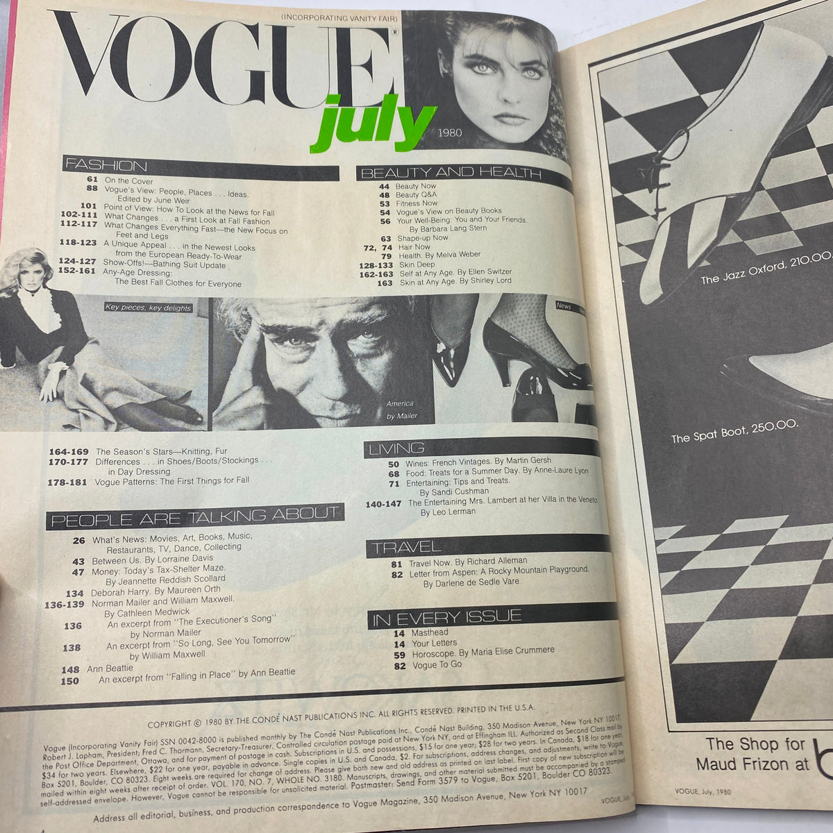 Interior page of VTG Vogue Magazine July 1980, including table of contents with mentions of fashion and beauty articles, reflecting 1980s style.