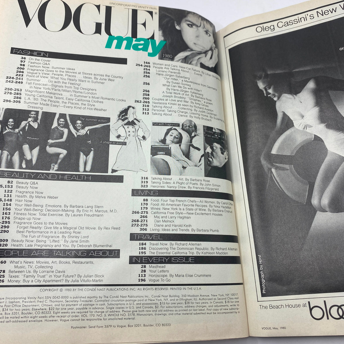 Interior page of VTG Vogue Magazine May 1980 displaying fashion and beauty content, highlighting notable articles and images from the issue.