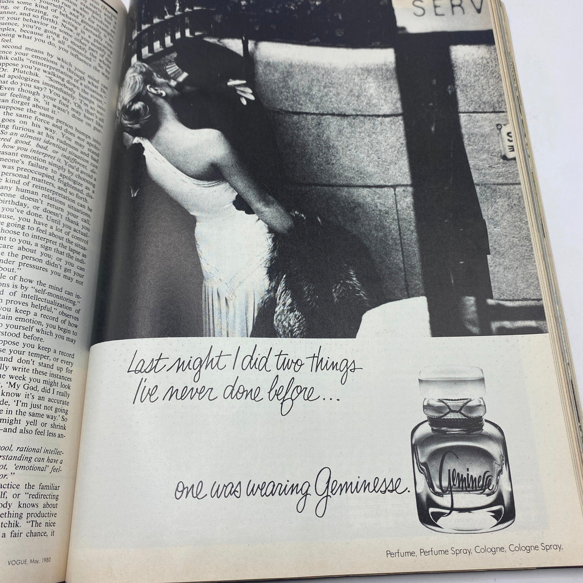An advertisement from Vogue Magazine May 1980 promoting the Geminesse perfume, featuring a classic black and white photograph of a stylish woman in elegant attire with a vintage aura.