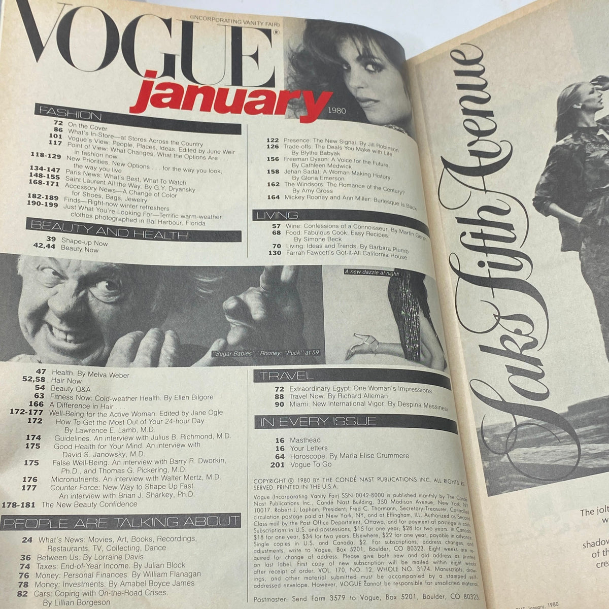 Table of contents page from VTG Vogue Magazine January 1980, detailing articles on fashion and beauty.