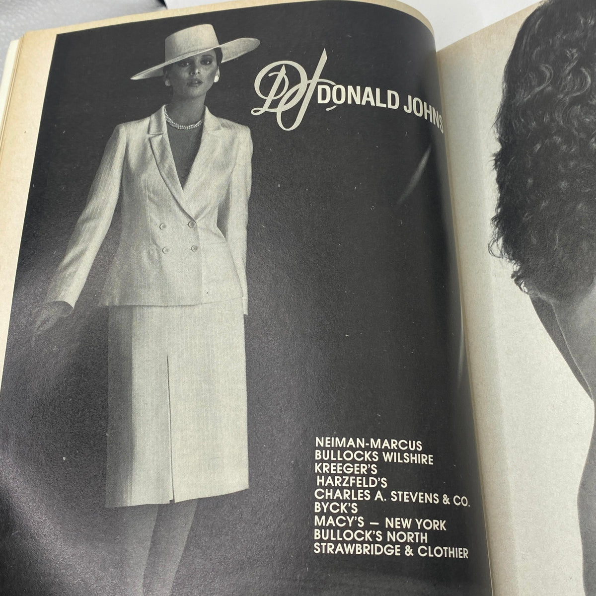 Fashion advertisement in VTG Vogue Magazine January 1980 for Donald Johnson, highlighting a chic suit design.