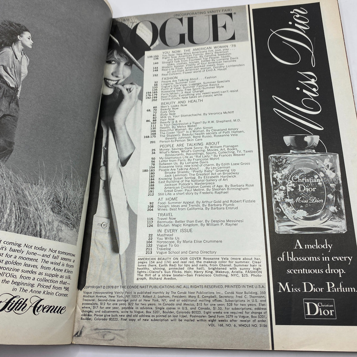 Inside page of VTG Vogue Magazine June 1978 displaying content overview and advertisements, including a Christian Dior fragrance.