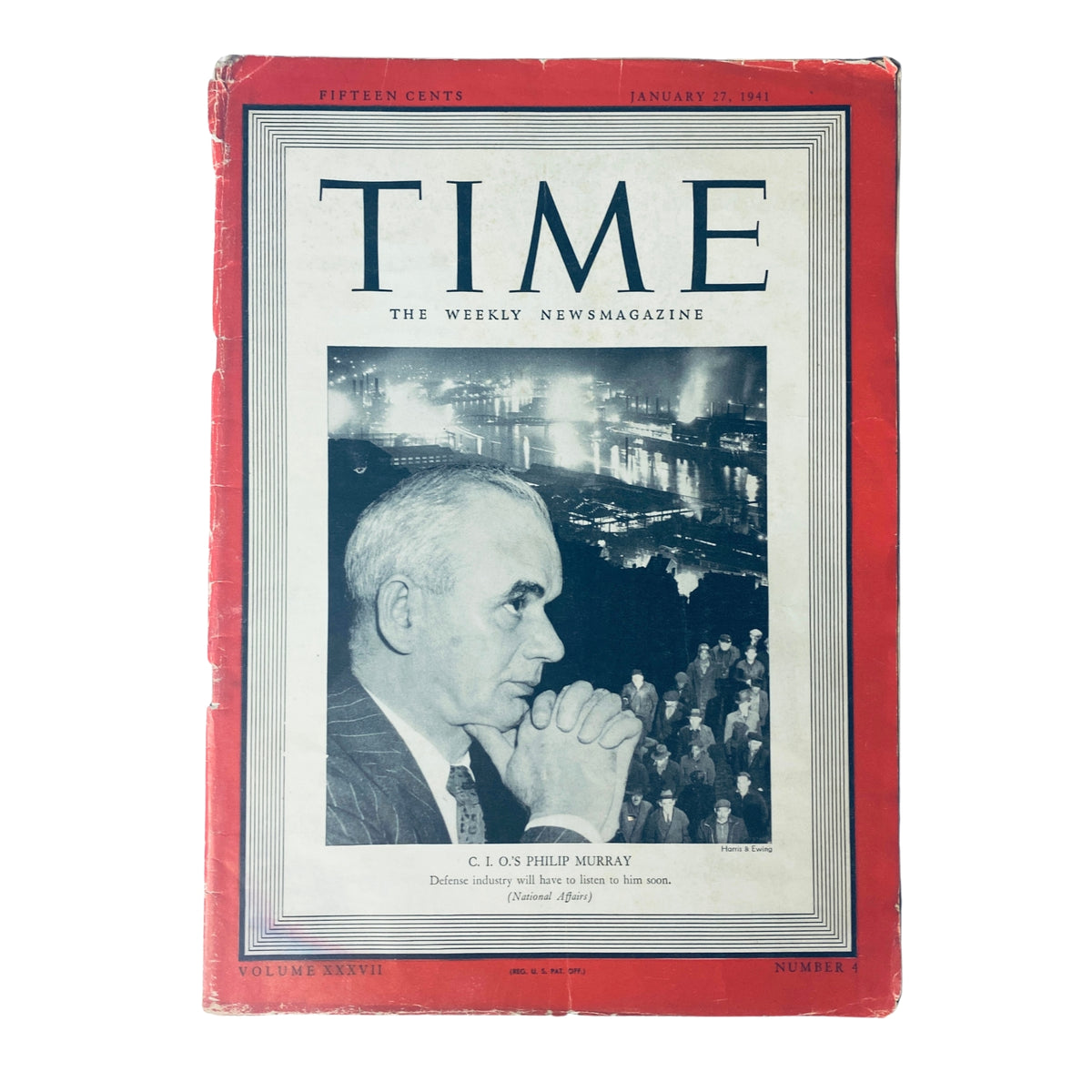 Cover of Time Magazine dated January 27, 1941, featuring Labor Leader Philip Murray. The magazine discusses his advocacy for workers' rights and highlights his role in the Congress of Industrial Organizations.