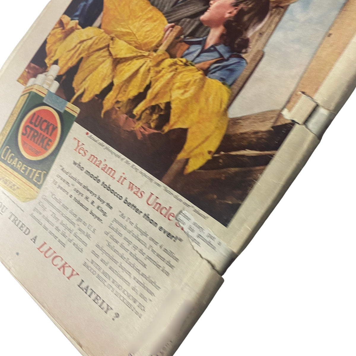 Close-up view of the back cover advertisement for Lucky Strike Cigarettes in Time Magazine, dated May 13, 1940, Volume 35 No. 20, showcasing the process of tobacco harvesting and inviting readers to try Lucky Strike.