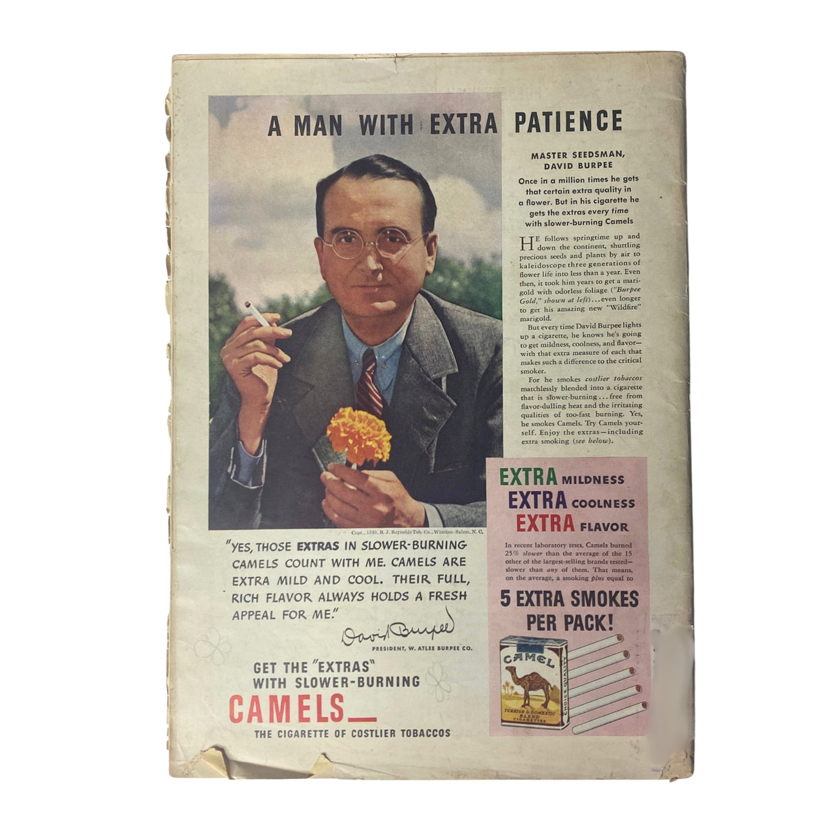 Time Magazine cover from October 21, 1940, featuring Wendell Willkie. Includes vintage advertisement for Camels cigarettes, depicting a man with glasses, a cigarette in hand, and flowers, emphasizing the theme of 'extra patience'.