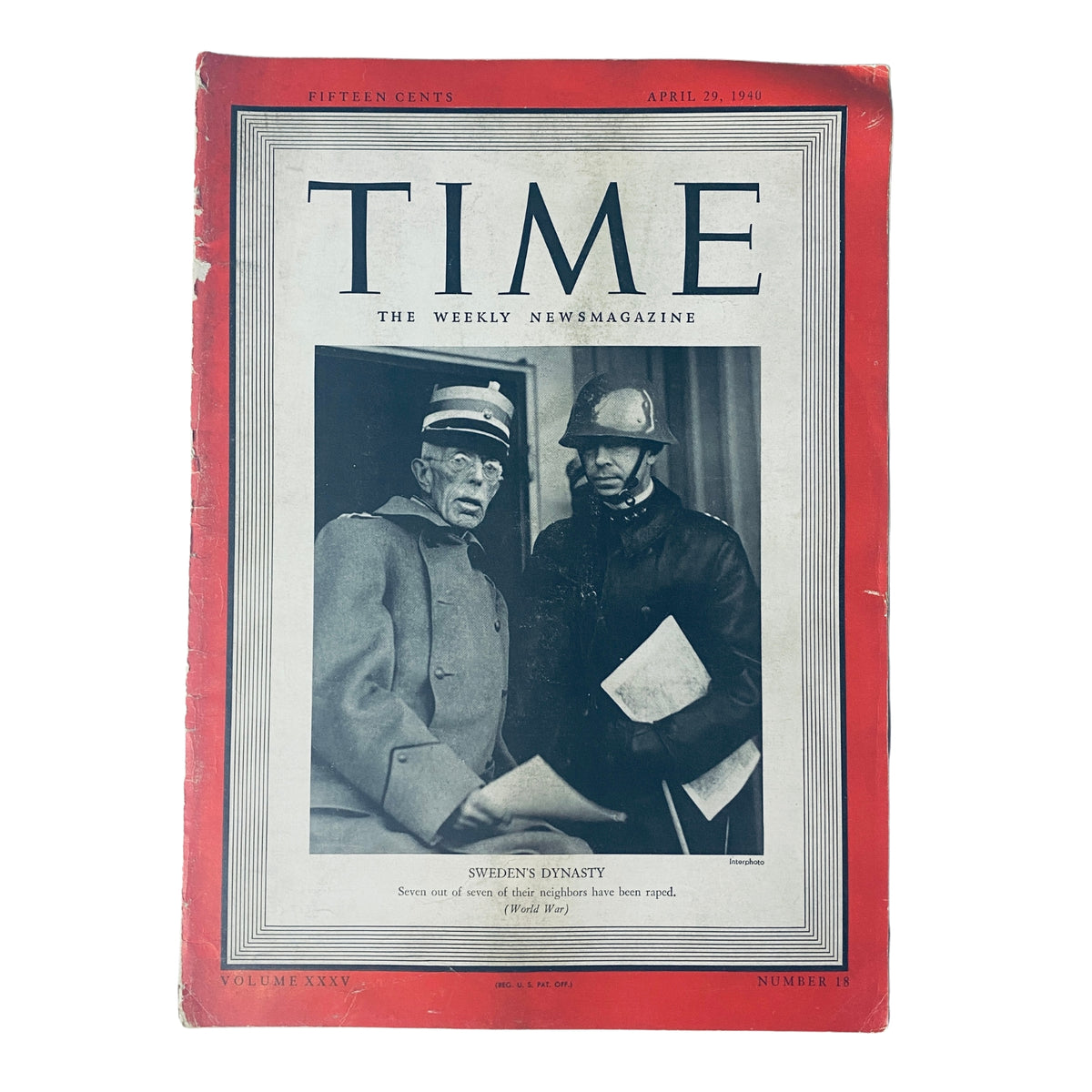 Cover of Time Magazine dated April 29, 1940, Volume 35, Number 18 featuring Sweden's Dynasty with King Gustaf V on the front, illustrating the theme of Swedish neutrality during WWII.